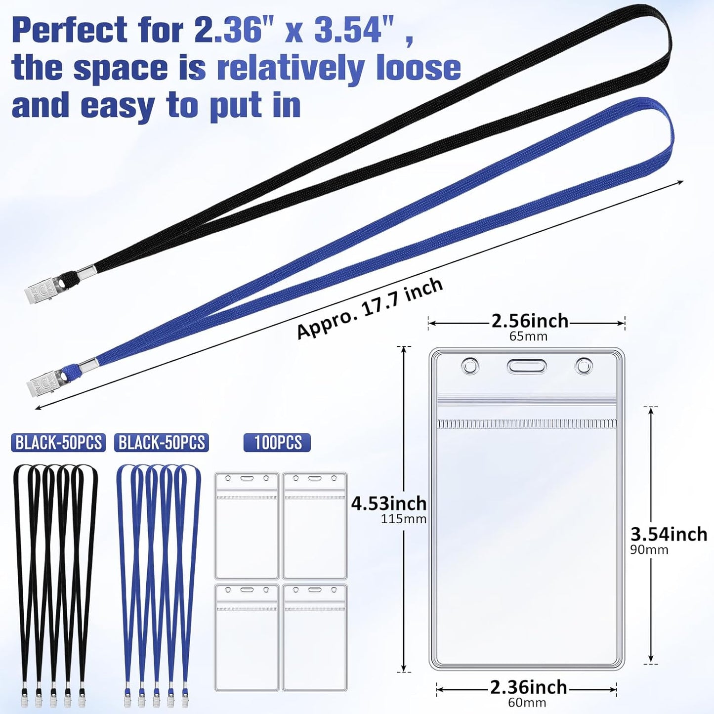 Marspark 200 Pcs Name Tag Lanyards with ID Holder Lanyards for ID Badges Resealable Flat Neck Name Tag with Clip Waterproof Plastic Clear Badges Bulk for School Office Supplies (Black,Blue)