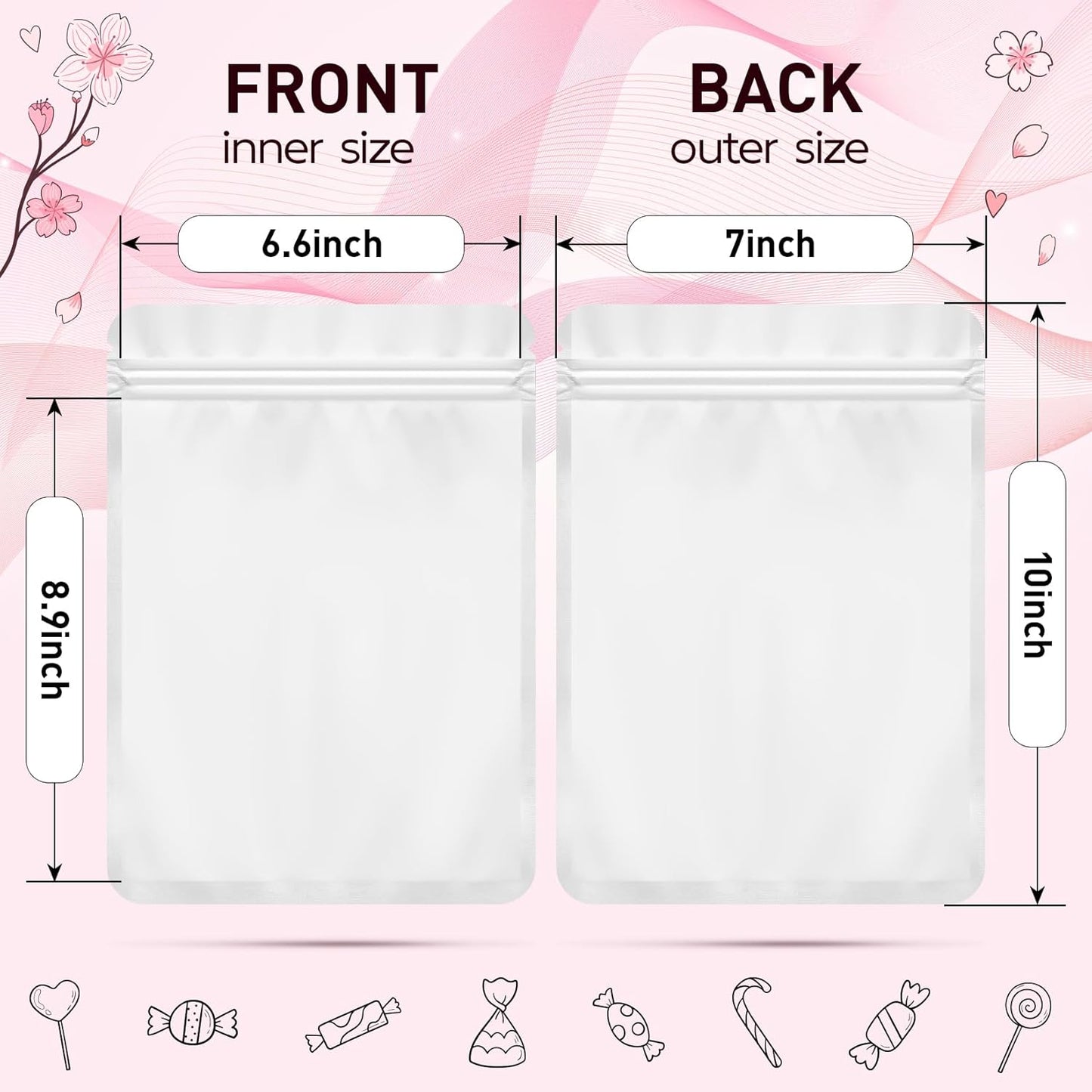 Funfery 100 Pack White Mylar Packaging Bags Resealable Bags Double Sided Color Odor Proof Pouch Baggies Smell Proof Foil Bag for Food Storage,Small Business(White,7x10inch)
