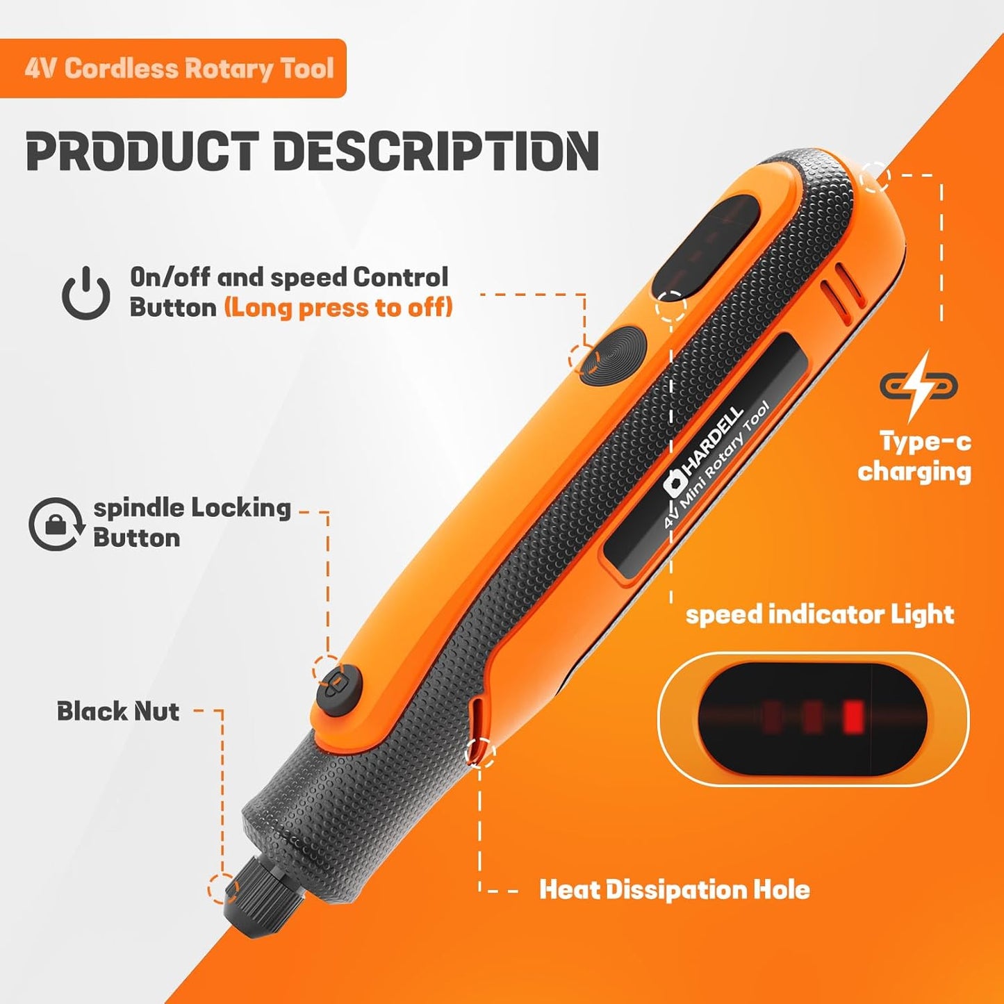 HARDELL Mini Cordless Rotary Tool 4V, 15000RPM 3-Speeds Rotary Tool, Type-C Charging, Multifunctional Accessories for Craving, Sanding, Grinding, Polishing, Small DIY Crafts, Resin Molding