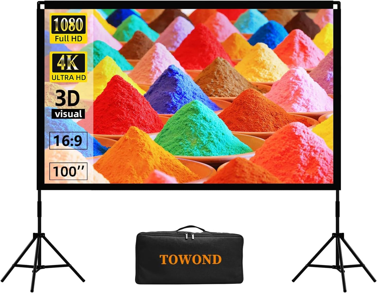 Projector Screen and Stand, Towond 100 inch Portable Movie Screen Indoor Outdoor 16:9 HD Front Rear Projection Screen with Carry Bag Wrinkle-Free and Foldable Polyester Fabric Design for Home Cinema