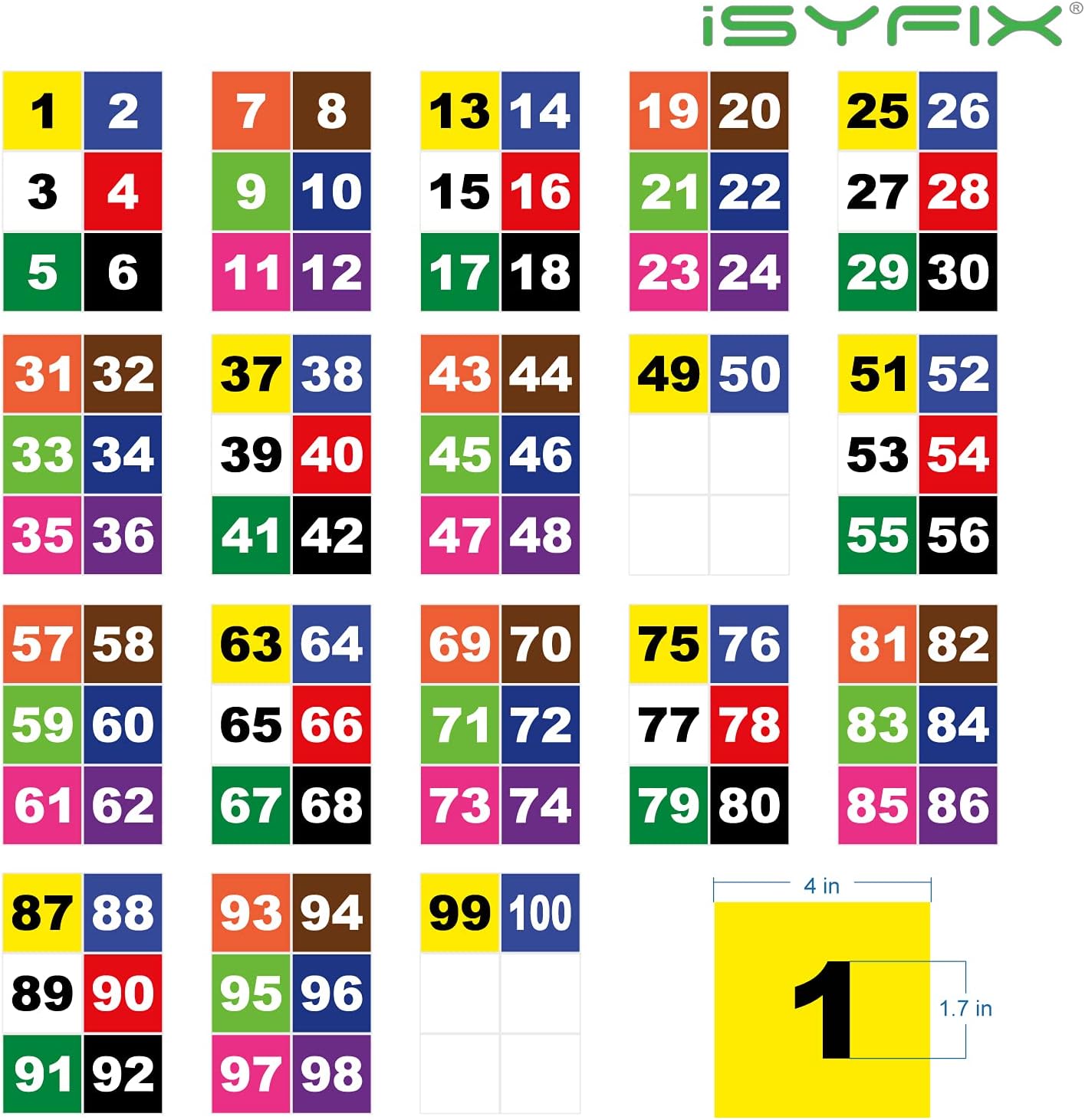 iSYFIX Multicolor Consecutive Number Stickers – 1 to 100, 4-inch, 1 Set – Vinyl Self Adhesive Premium Decal, Ideal for Inventory, Storage, Organizing, Boxes, Toolbox, Lockers & More, Indoor/Outdoor