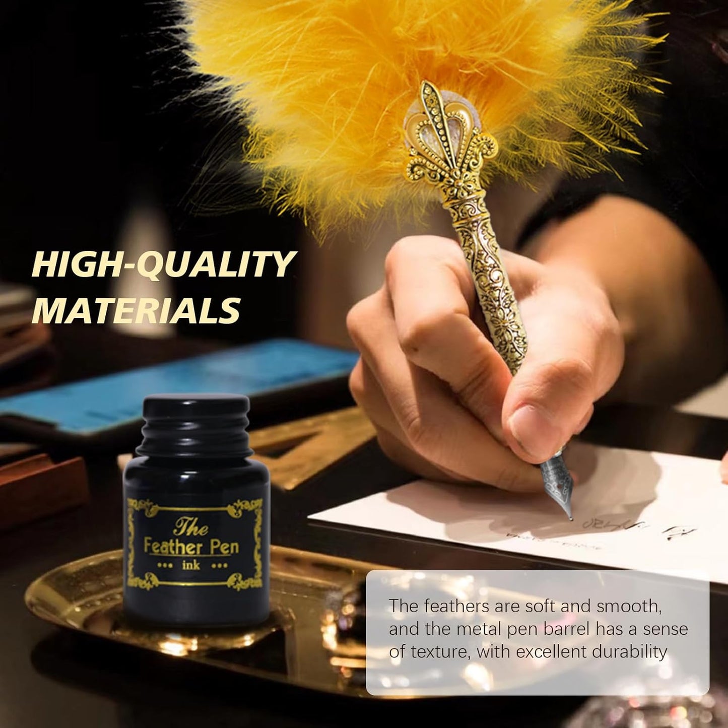 CROWN GUIDE Luxury Feather Pen with Black Ink Set - 13.8" Peacock Fancy Quill Fountain Pen for Writing Calligraphy, Wedding Nikkah Pen for Guest Book Journaling Gift, Gold