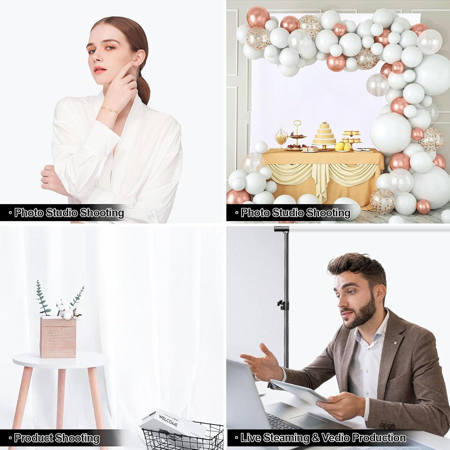 BEIYANG 6X10 Ft White Backdrop for Photography, White Screen Cloth for Product Portrait Streaming Photoshoots Studio, Background Curtain for Ins Photo, Video Recording