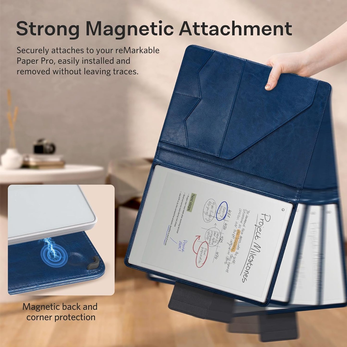 Cobak Premium PU Leather Case for Remarkable Paper Pro 11.8" (2024) – Slim Magnetic Back Cover with Auto Sleep/Wake, Folder Design, Magnetic Pen Holder Strap, Navy Blue