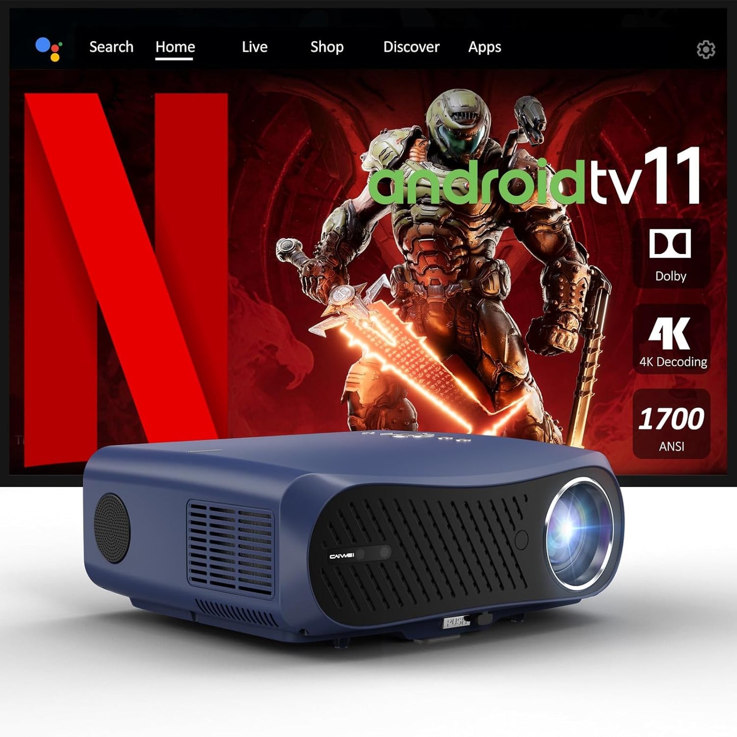 Smart LED Projector with WiFi 6 Bluetooth 5.4 Apps, 1700ANSI Daylight Movie Gaming Video Proyector with Auto Focus, Dolby Audio, Digital Zoom, 6D Auto Keystone, Voice Remote, 16:9/4:3, HDMI ARC, USB
