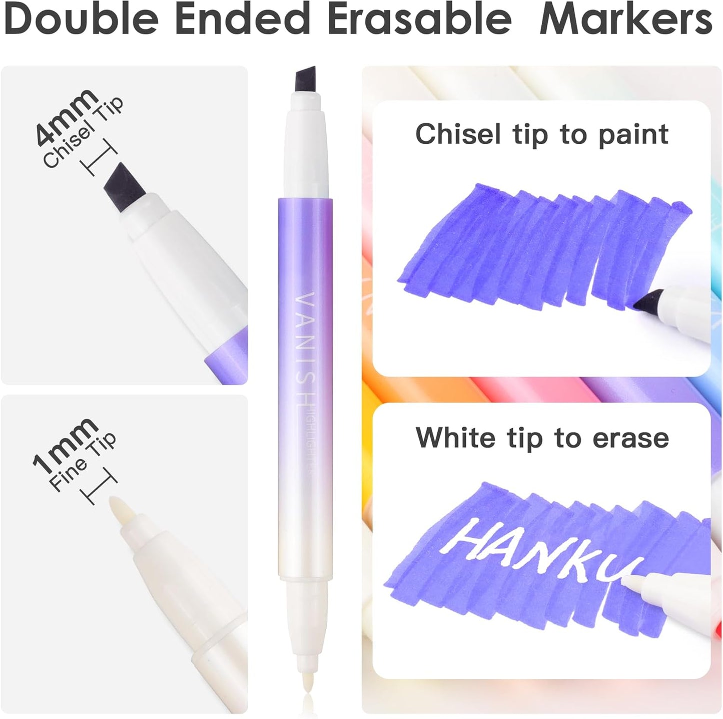 Erasable Highlighters Assorted Colors 12 Pack, Dual Tip Erasable Markers Pens, Chisel Tip Smooth Writing Journaling Highlighters School Office Supplies