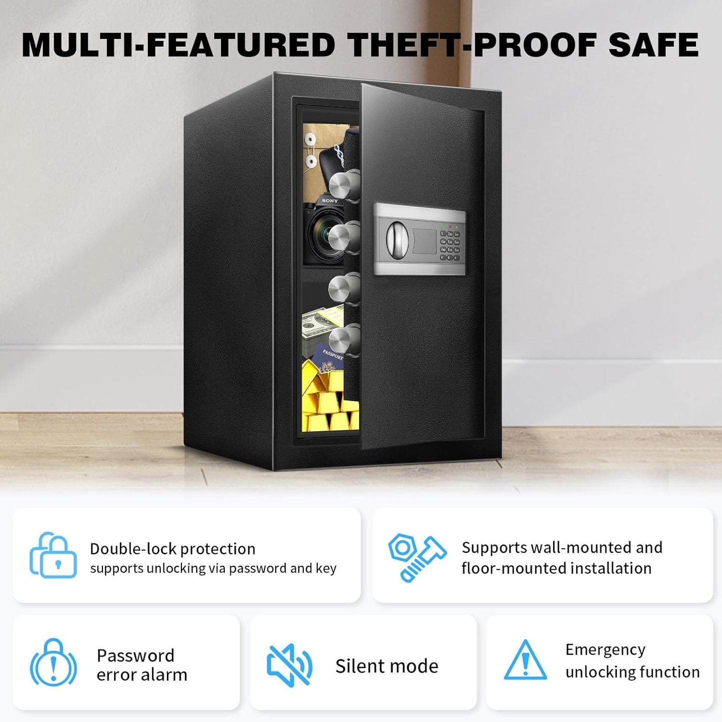 2.5 Cuft Fireproof Safe Box, Home Safe with Fireproof Waterproof, Anti-Theft Electronic Digital Security Box, Mute Function & Alert System, Safety Personal Combination lock for Document Jewelry Cash