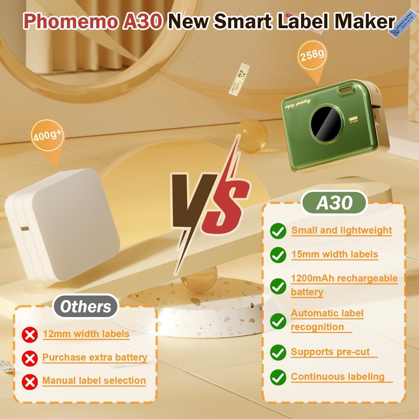 Phomemo A30 Label Maker Machine, Bluetooth Wireless Portable Small Label Printer, Waterproof Label Mini Sticker Maker for Home School, Cloth Name Tag, Ribbon Printer Machine for Gift Wrapping