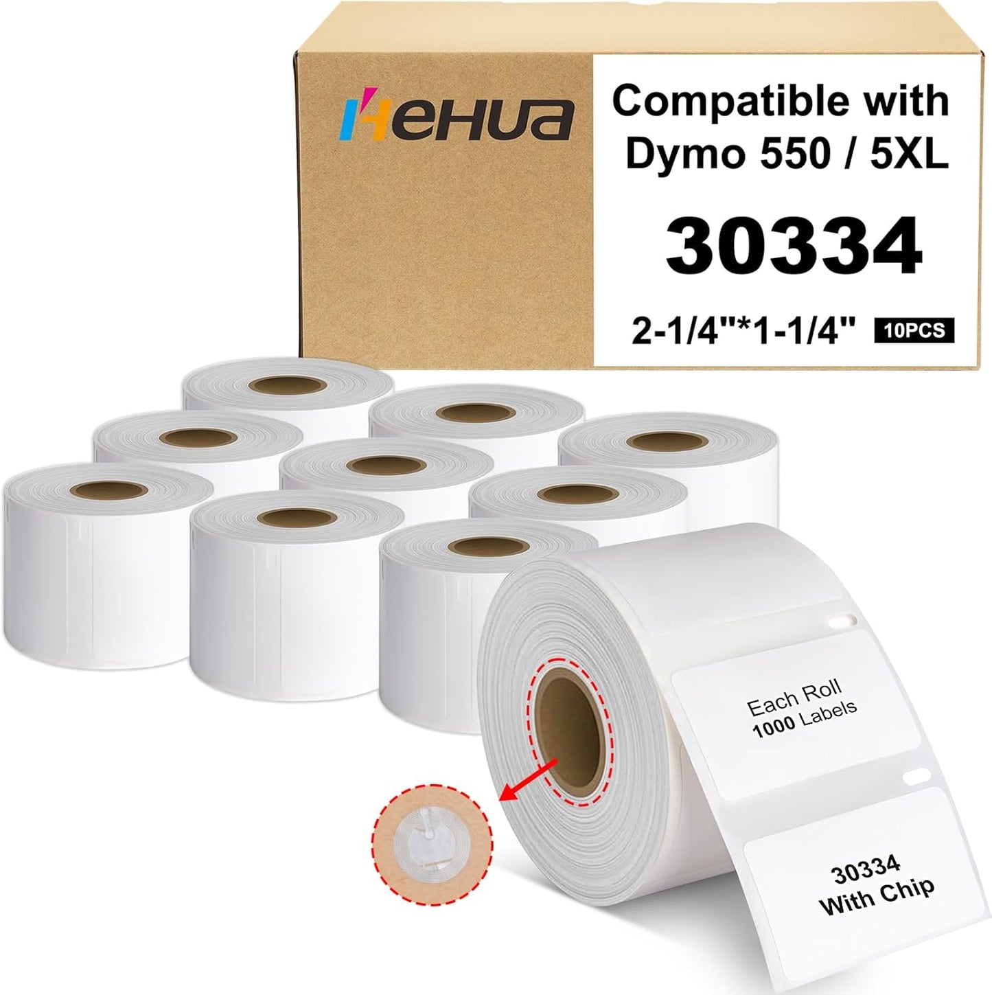 Hehua 10-Roll 2-1/4" x 1-1/4" Compatible with DYMO Labelwriter 550 5XL 30334 with RFID Chip, Multipurpose Barcode & FNSKU Labels, Perforated, Compatible with DYMO Desktop Printers, Total 10000 Labels