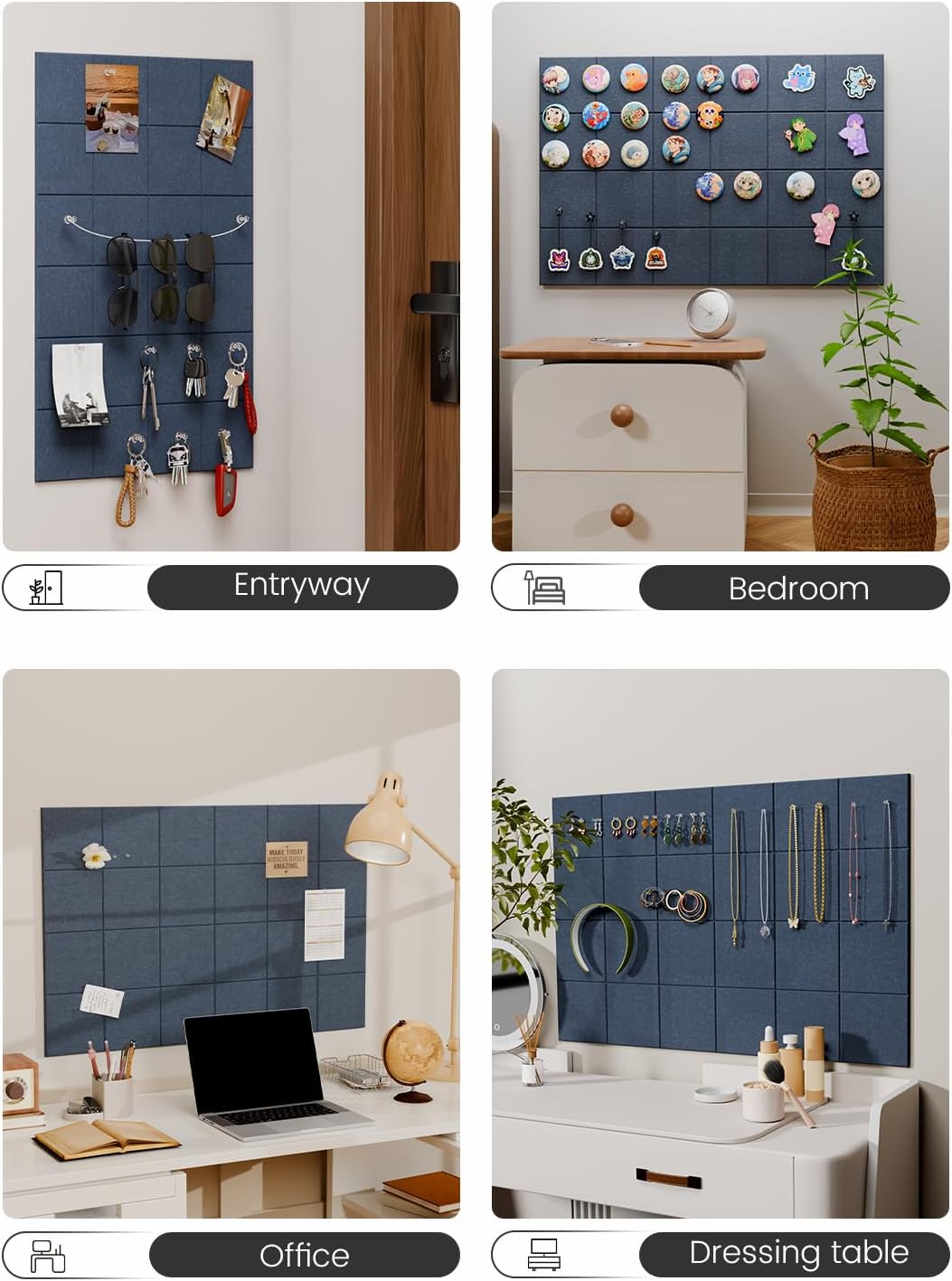 Felt Bulletin Board Tiles -28"x18" Cork Board Alternative for Office Decor, Push Pin Board Wall Organizer 6-Pack-Denim Blue