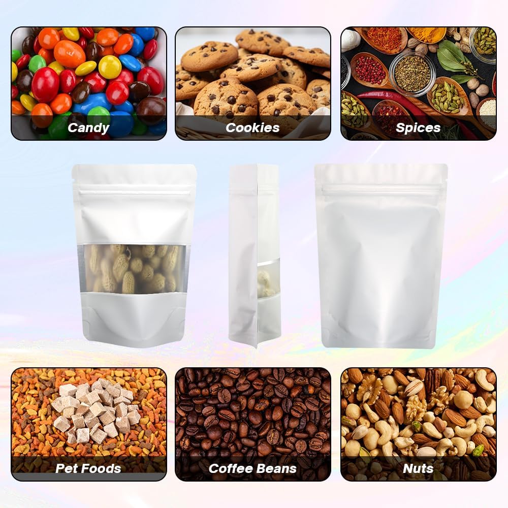 4CP 100 Pcs White Zipper Smell Proof Bags with Window, 5.5x7.9 Inch Stand Up Foil Pouches for Food Selfsealing Storage, Reusable Bag for Packaging Small Business, Cookies, Nunt, Candy