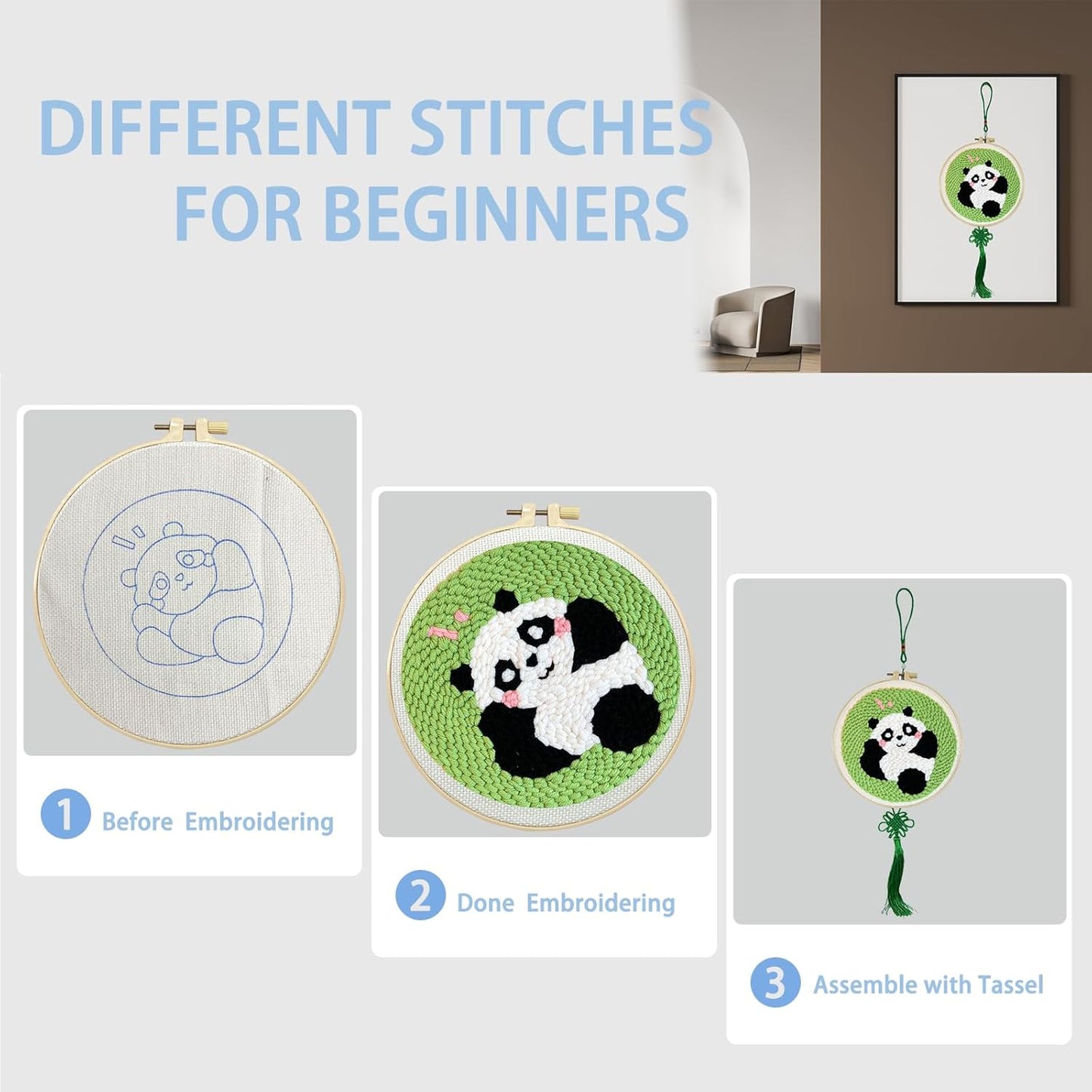 Danvk Panda Punch Embroidery Kit with Embroidery Fabric, Hoop,Scissor,Punch Needle and Yarns, Hand Craft Gift,DIY Embroidery Kits, Hand Punch Needle Kit for Women and Kids Beginners(Panda-Smiling)
