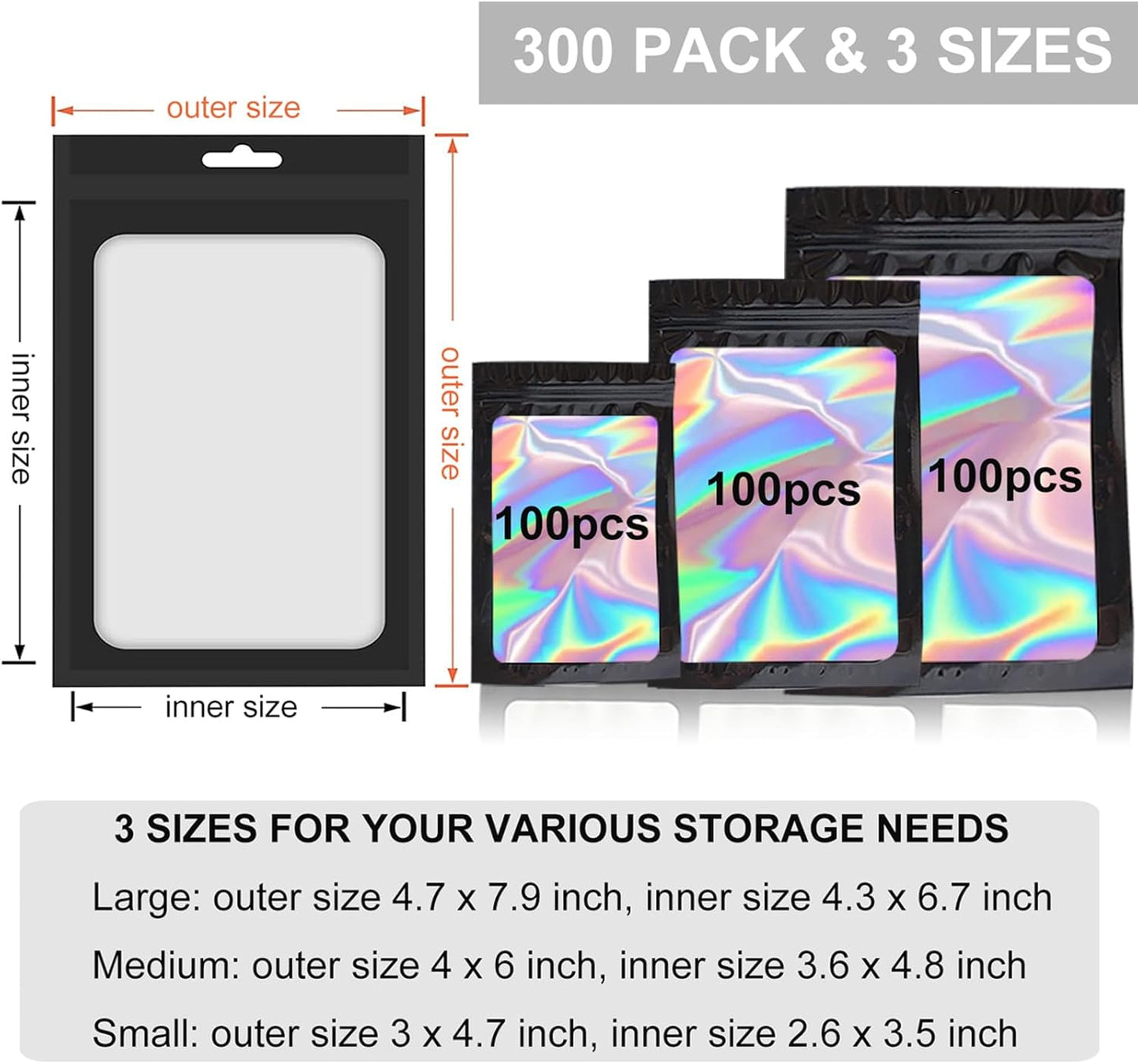300 Pack 3 Sizes Resealable Mylar Holographic Bags Food Storage Smell Proof Bags with Front Window Packaging Pouch for Sample Snack Cookies Jewelry (Black, 3 x 4.7 inch,4 x 6 inch,4.7 x 7.9 inch)