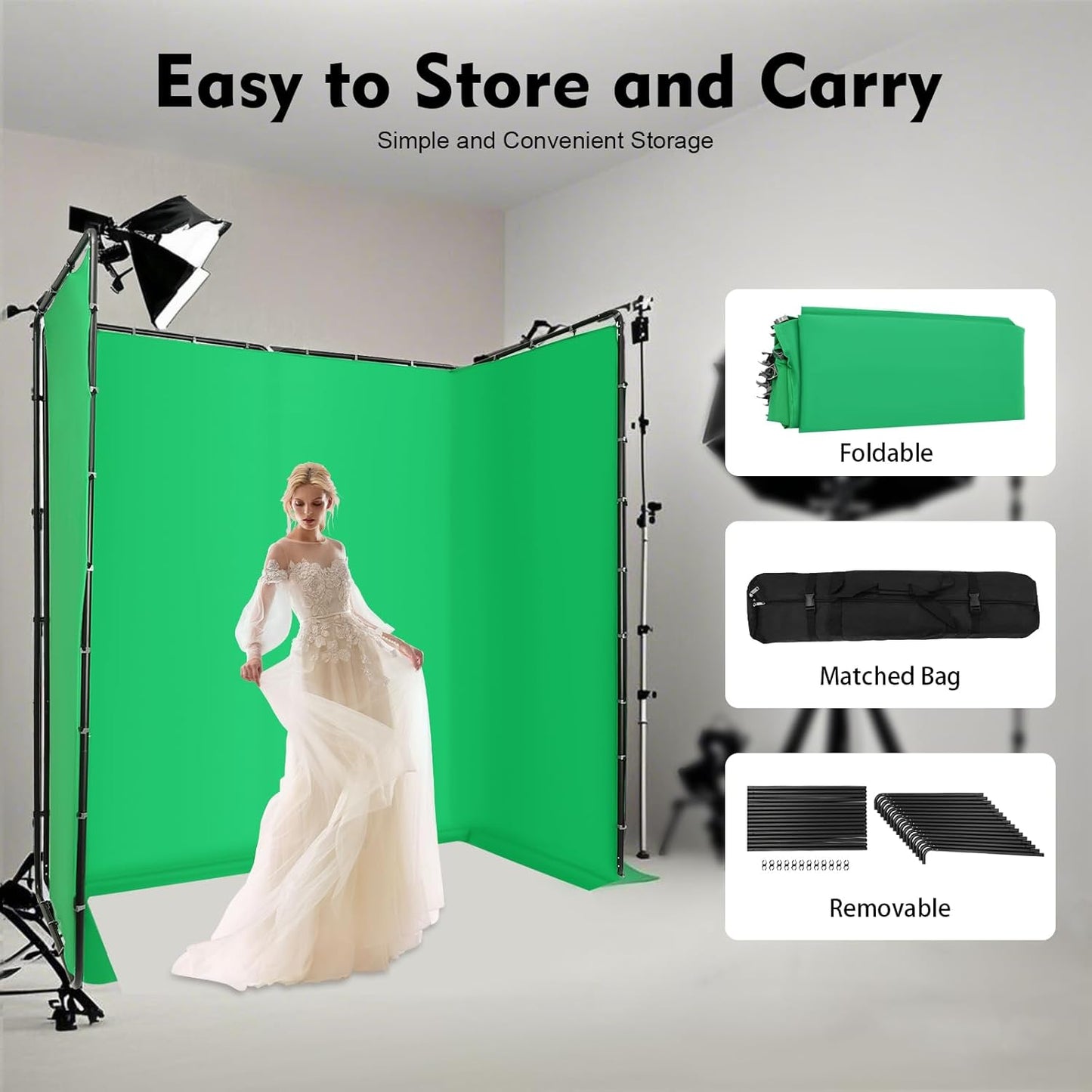 7.87ft x 13.12ft Large Green Screen Backdrop with Stand, Portable Foldable Photography Backdrops Large Collapsible Backdrop System for Photo Studio Video Shooting, Live Streaming (Green)