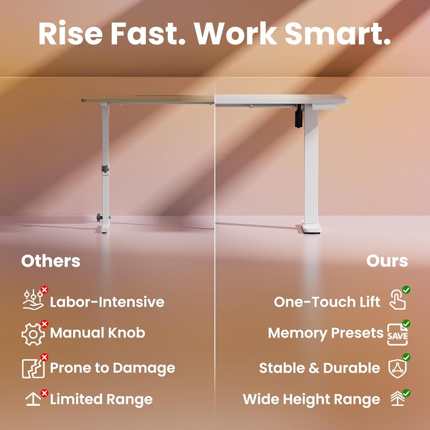 HUANUO Electric Standing Desk, 63 x 24 Inch Height Adjustable Computer Desk with Storage Bag, 4 Height Memory Settings, Sit Stand Up Desk for Home Office, White