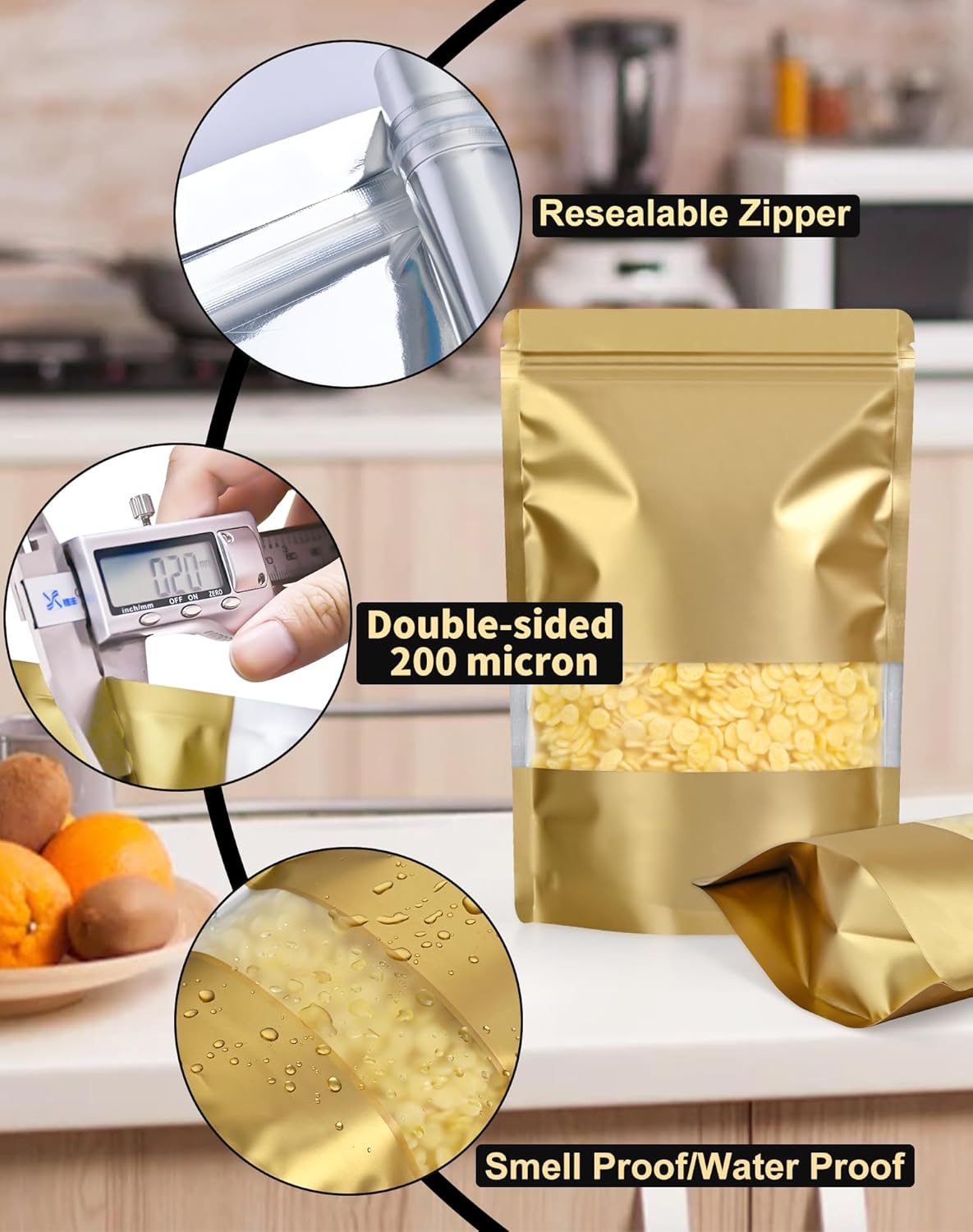 FireKylin 100 Pack Smell Proof Bags 7.9" x 11.8", Resealable Bags with Matte Window, Foil Pouch Stand Up Sealable Bags for Packaging(Gold)