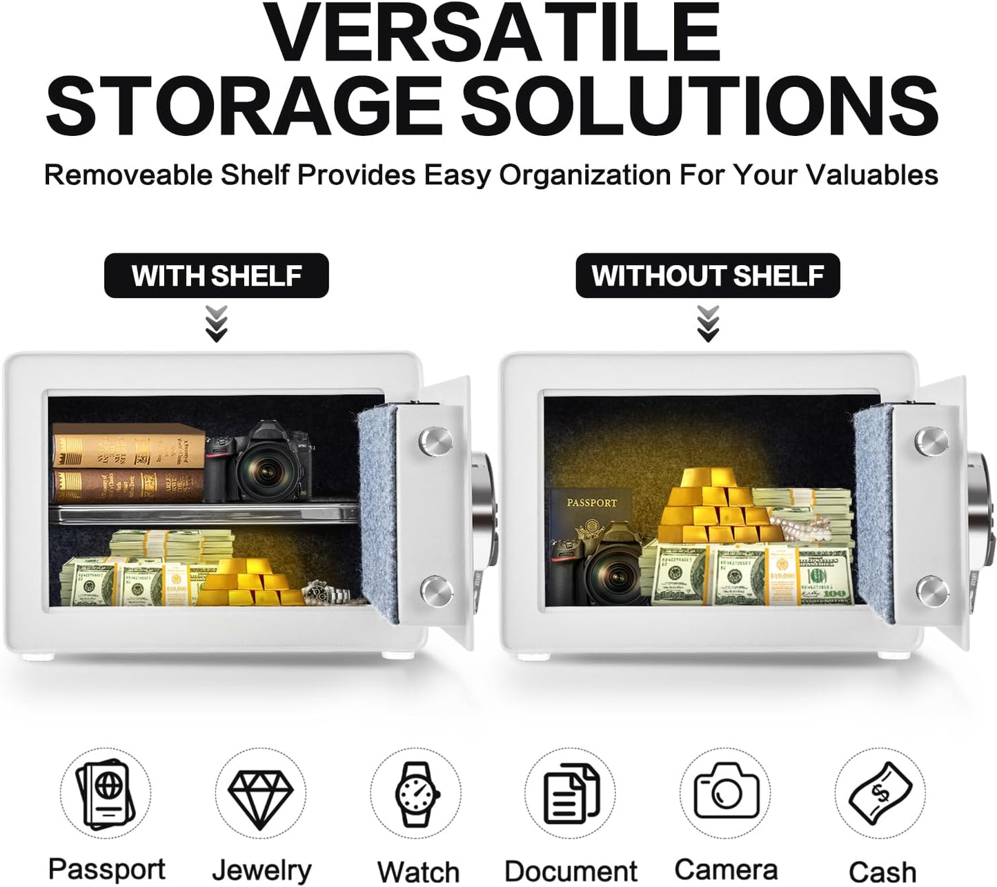 Safe for Home, 1.0 Cubic Feet Small Safe with Removable Shelf, Alarm System, Digital Electronic Security Money Box for Cash, Document, Home, Office, Hotel Use, White, 9.84"D x 13.78"W x 9.84"H