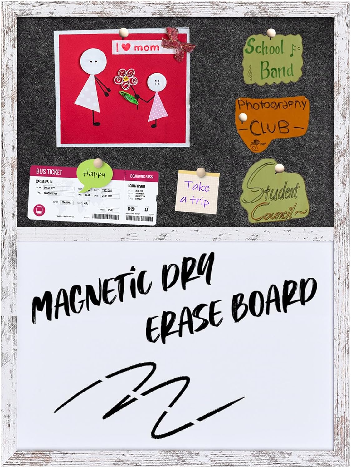 Whiteboard Bulletin Board Dark Gary Felt Board Combo for Office School Kitchen Bedroom, White Wood Frame,17.7"*23.6",Whiteboard+BK-4560WH