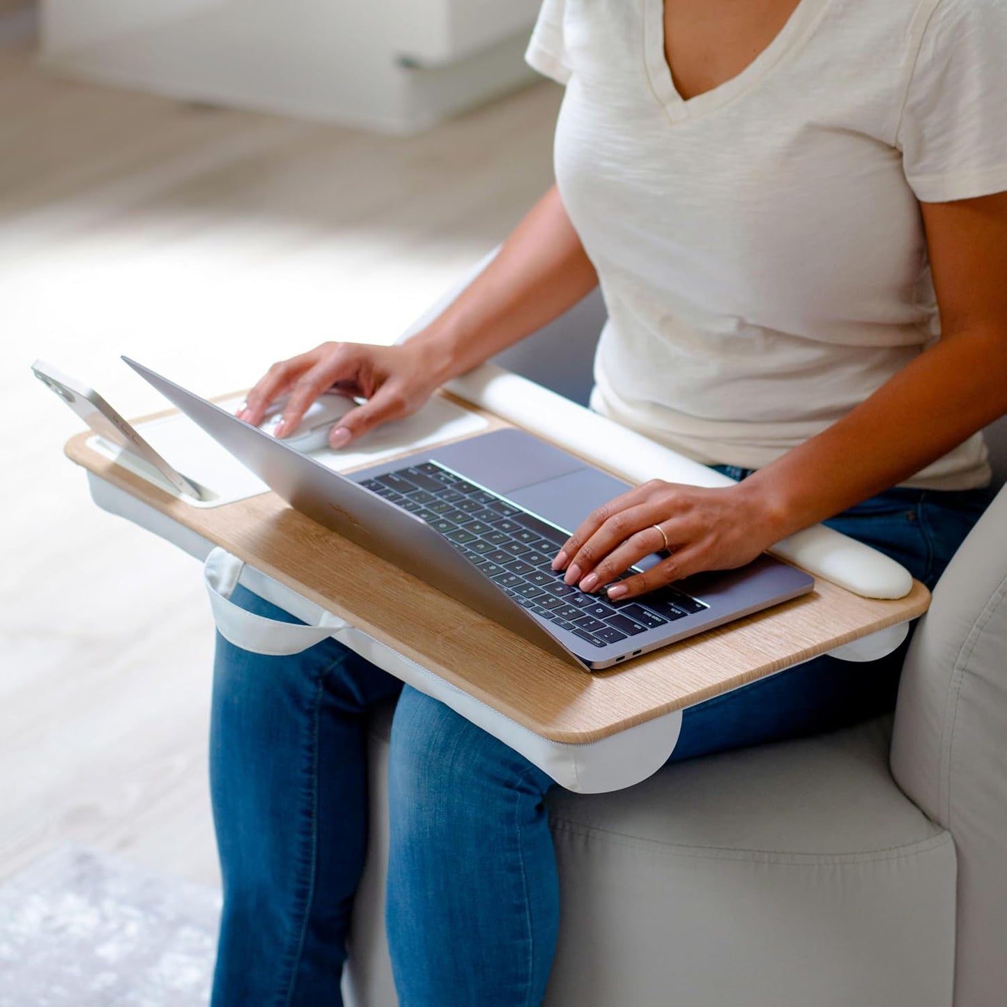 LAPGEAR Home Office Pro Lap Desk with Wrist Rest, Mouse Pad, and Phone Holder - White Oak Woodgrain - Fits up to 15.6 Inch Laptops - Style No. 91609