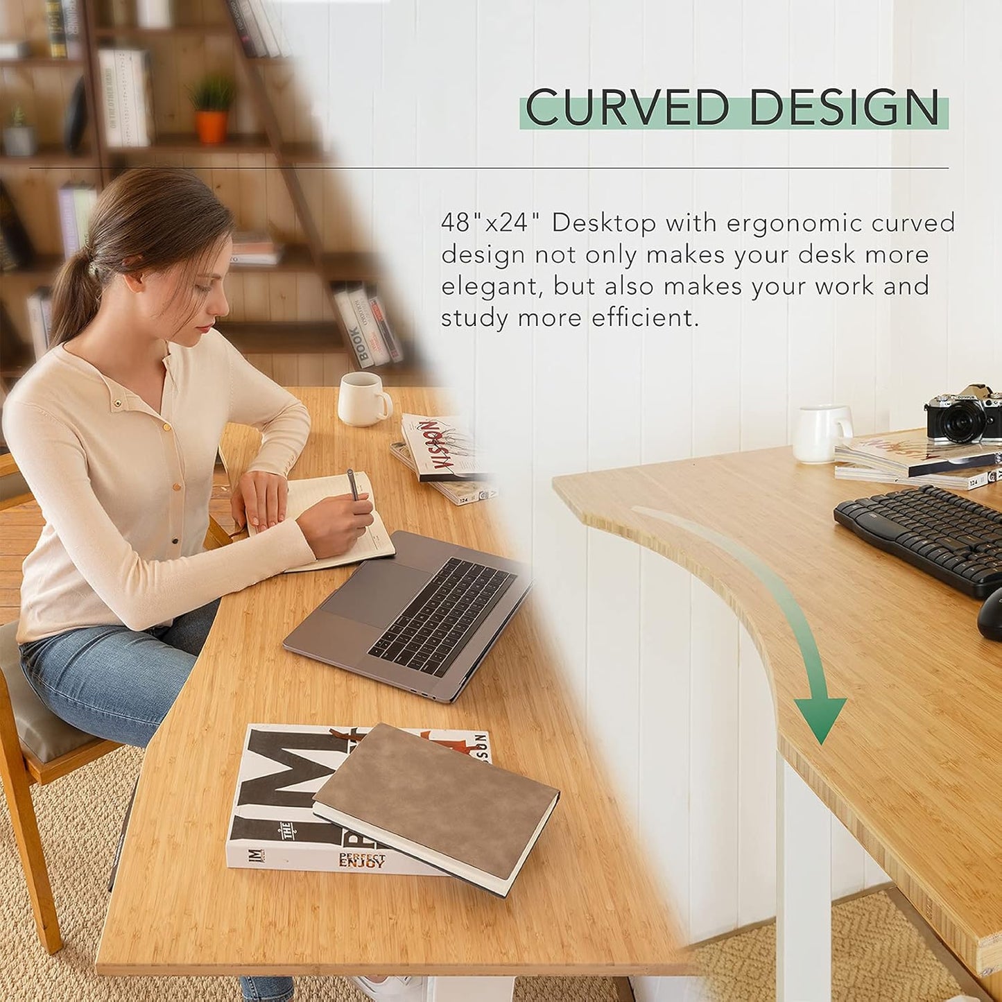 FLEXISPOT E6 Essential Bamboo 3 Stages Dual Motor 55x28 Inch Electric Height Adjustable Standing Whole-Piece Board Desk Sit Stand Up Desk (Black Frame + Bamboo Curved Desktop)