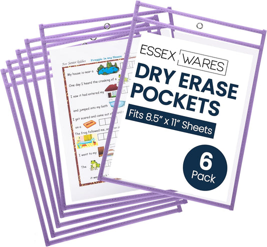 Essex Wares - 6 Pack, Light Purple, Water-Resistant Dry Erase Pocket Document Protectors, 10" Wide x 13.5" Tall - Dry Erase Clear Plastic Sleeves - Reusable & Easy Erase Plastic Invoice Holders