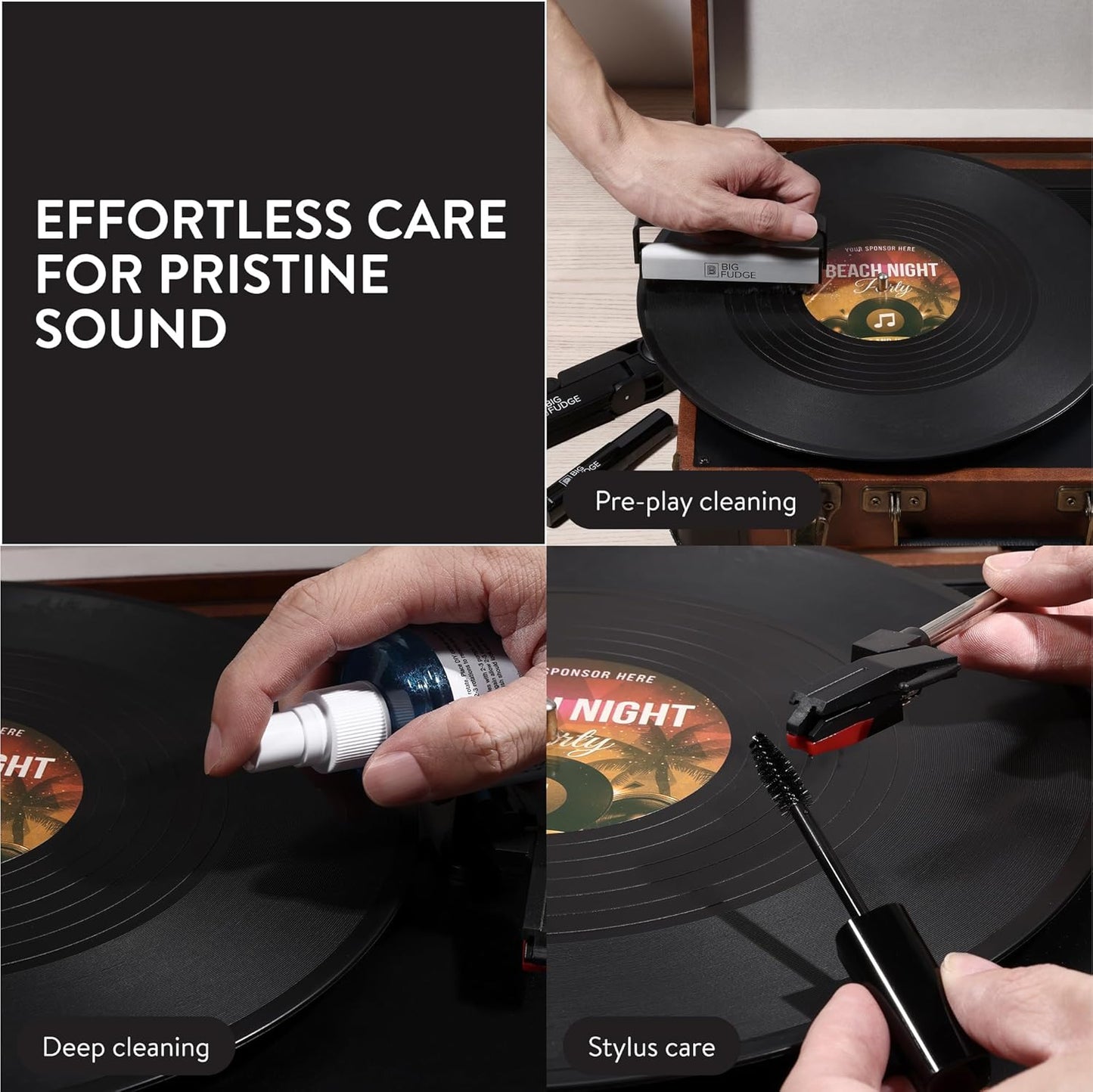 BIG FUDGE Professional Series Vinyl Record Cleaner Kit - Vinyl Record Cleaning Kit Includes Vinyl Record Brush Cleaning Fluid, Stylus Gel, Brush for Velvet, Padded Storage Case