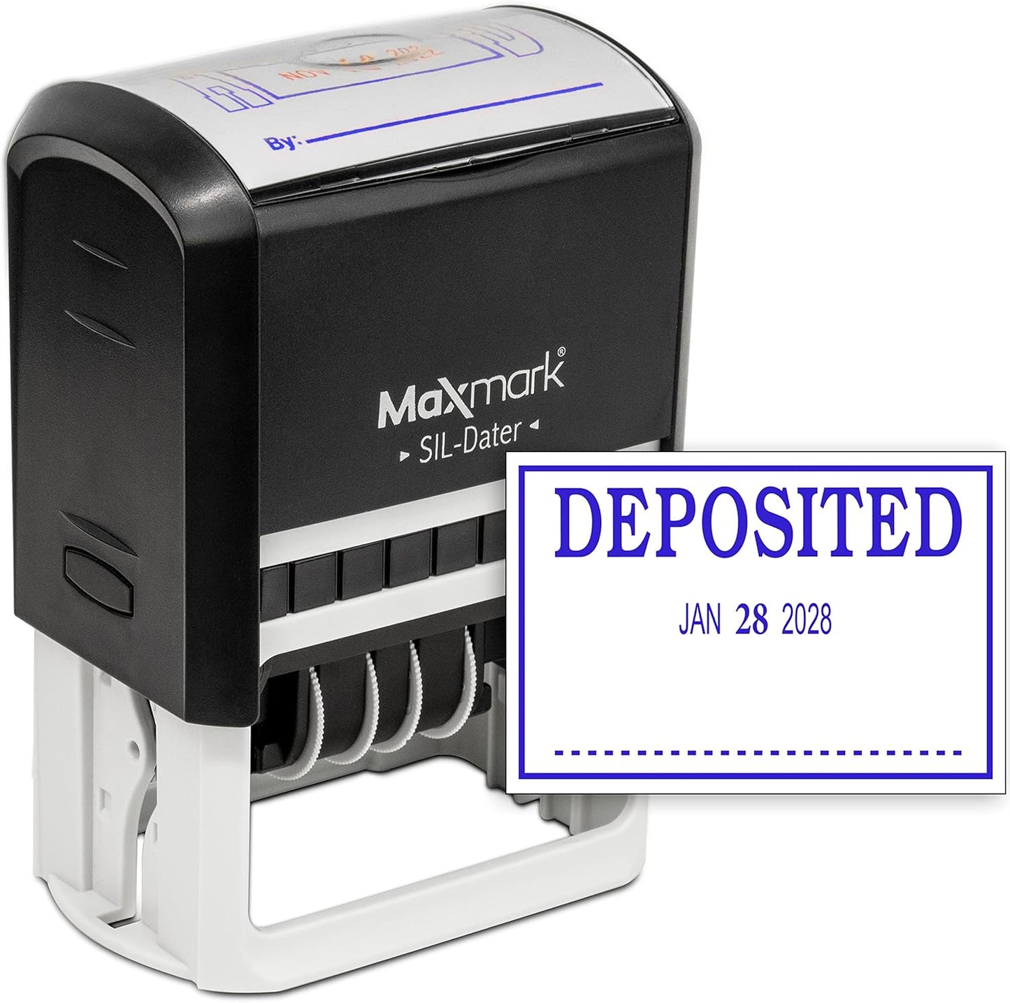 MaxMark Large Self-Inking Rubber Date Office Stamp with Deposited Phrase & Date - Blue Ink, 12-Year Band - Style 3