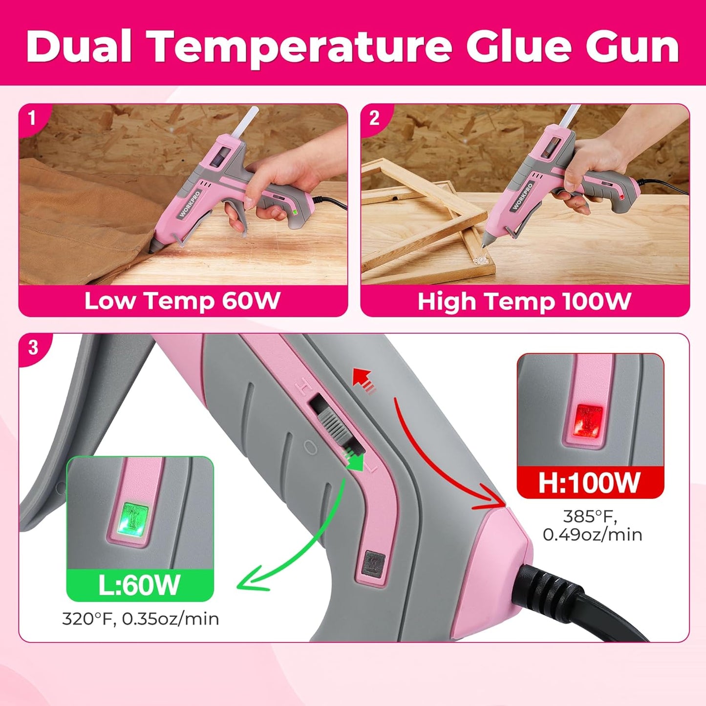 WORKPRO Hot Glue Gun Full Size - 60/100W Dual Temp Glue Gun and Sticks Set with 10 PCS Glue Sticks (7/16") - 90S Fast Preheating Hot Glue Gun for Construction, Crafting, DIY and Repairs - Pink Ribbon