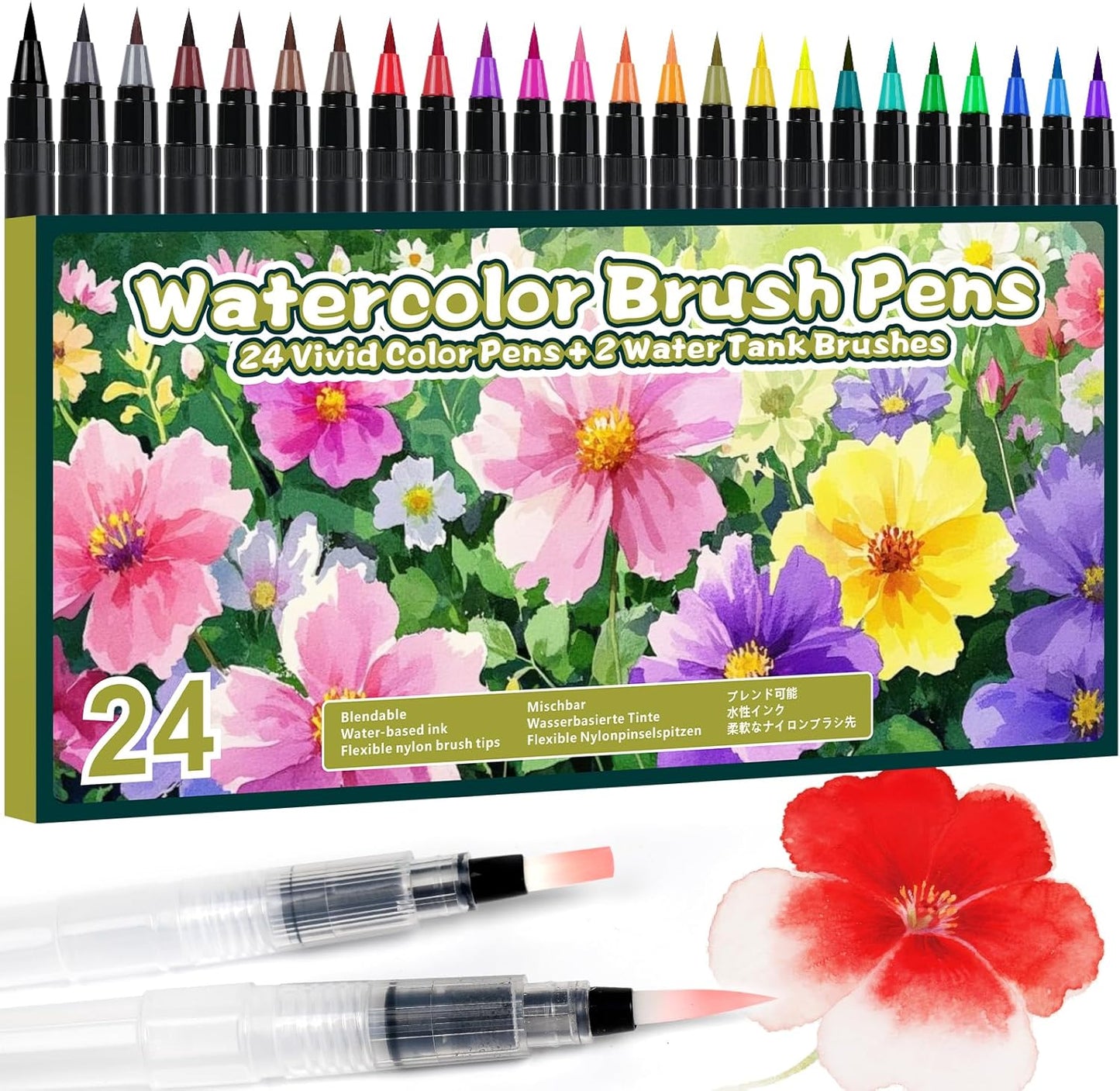 ThEast 24 Watercolor Brush Pens with 2 Refillable Blending Brushes - Flexible Real Nylon Brush Tip Watercolor Markers for Coloring & Journaling & Calligraphy, Art Supplies