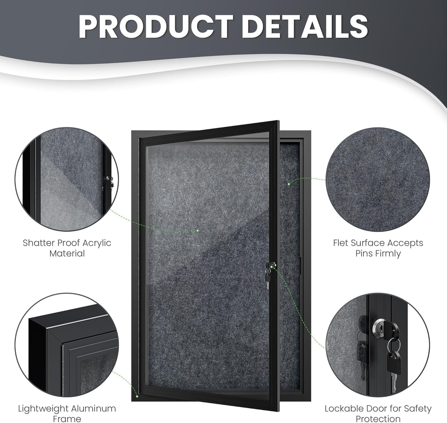 36"x24" Lockable Enclosed Bulletin Board, Outdoor Flet Weather-Resistant Aluminum Frame Notice Board, Wall Mounted Display Case Acrylic Doors for School,Office,Black Frame w/Grey Flet