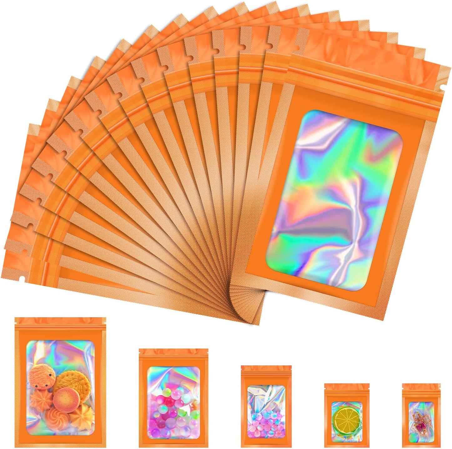 100 Pcs Mylar Bags, Smell Proof Bags Foil Pouch, Holographic Resealable Bags for Small Business, Candy Sample Jewelry Bag Sealable Packaging for Party Favor Food Storage (2.4x3.9in-Orange)