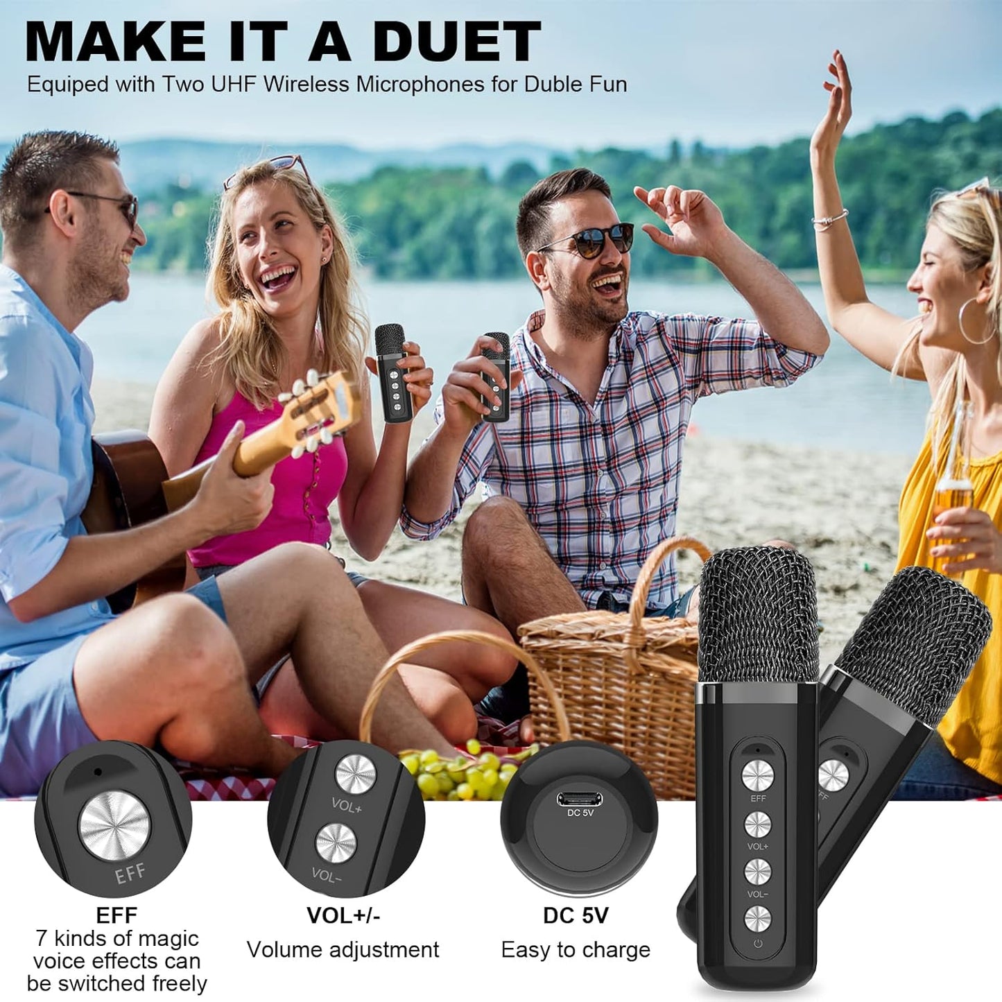 Karaoke Machine for Adults and Kids, FULLIFE Portable Bluetooth PA Speaker System with 2 UHF Wireless Microphones, Karaoke Speaker with Echo, Supports TF/USB, AUX in, for Home Party, Meeting