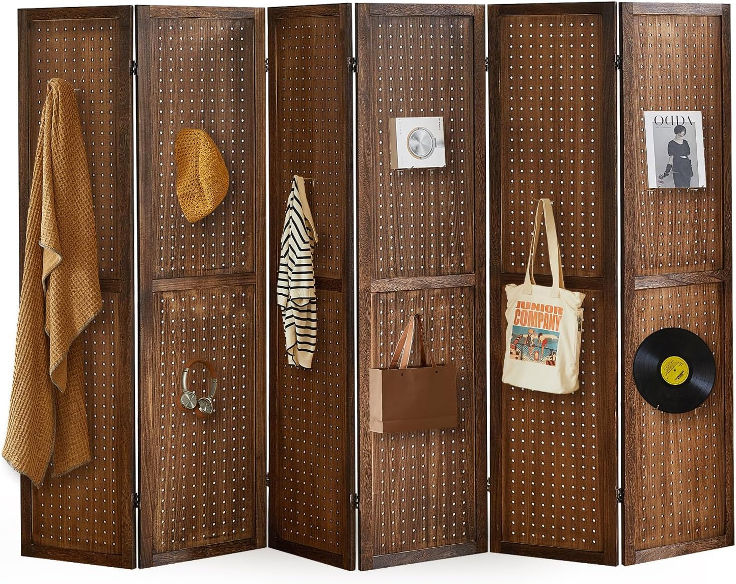 6 Panel Pegboard Display with 24 Hooks, Privacy Dividers for Rooms, Wooden Room Divider Wall and Folding Privacy Screens, Pegboard Room Divider, Bedroom, Balcony, Dark Brown