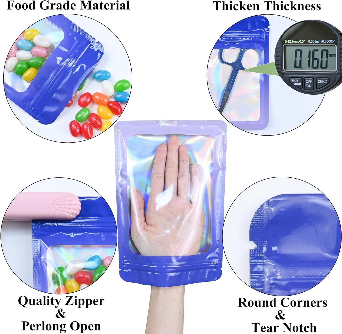 Resealable Mylar Pouch Pen Bags Great for Office Home Party Favor Food Storage Cookies Sample Jewelry Snack (100PCS, Purple and Blue Color, 5.5 x 8 inch)