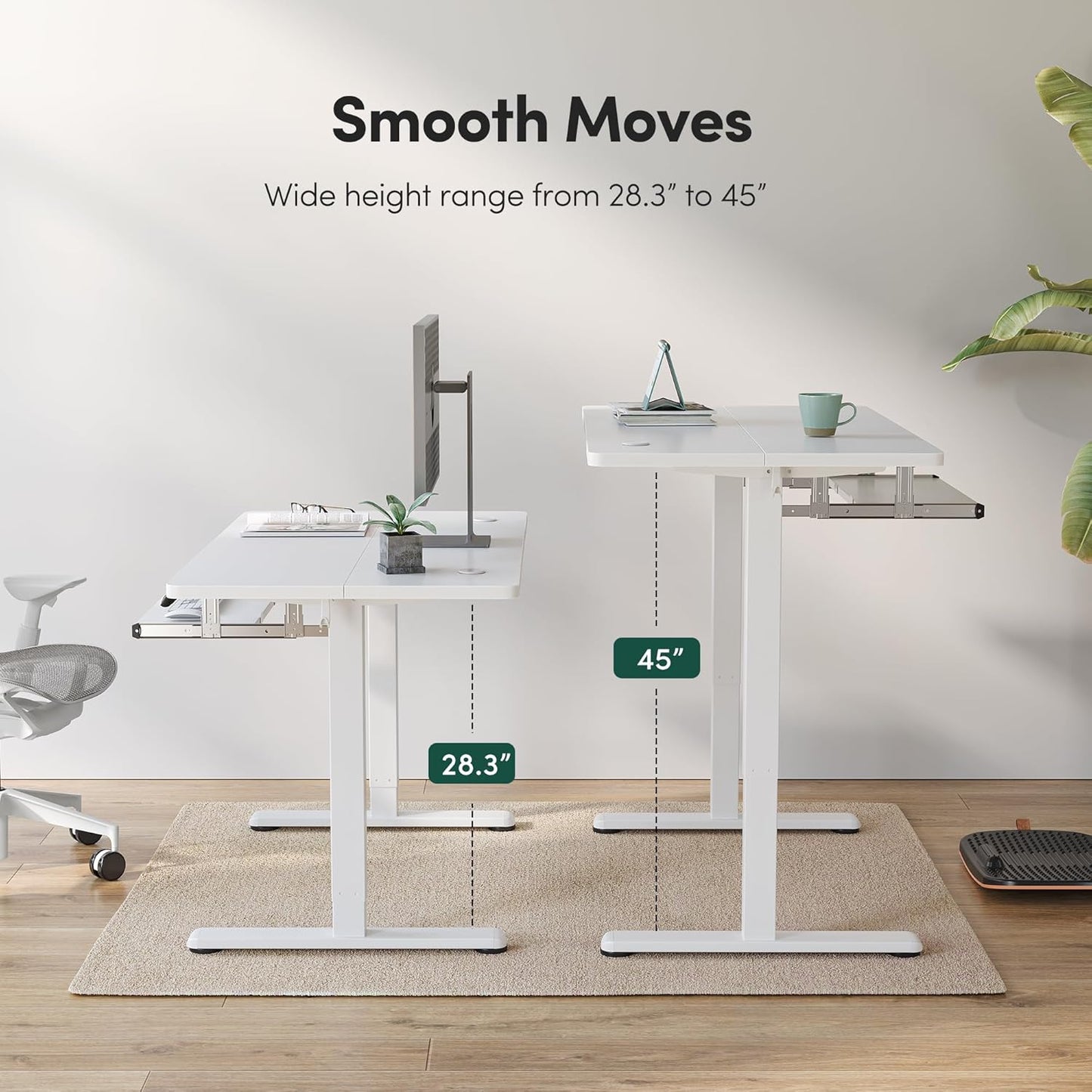 FEZIBO Standing Desk with Keyboard Tray, 55 x 24 Inch Adjustable Height Sit Stand Desk with Memory Presets for Home Office, Ergonomic Computer Workstation, White