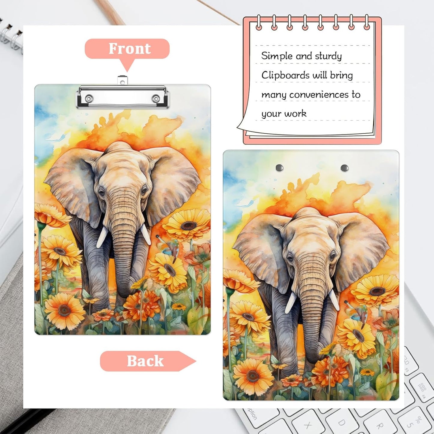 African Elephant Plastic Clipboards,Cute Fashion Sunflower Clipboard Decorative 8.5" x 12.5"Standard A4 Size Clipboards,Acrylic Clipboard for Teacher,Social Worker,Students,Nurse,Office Supplies