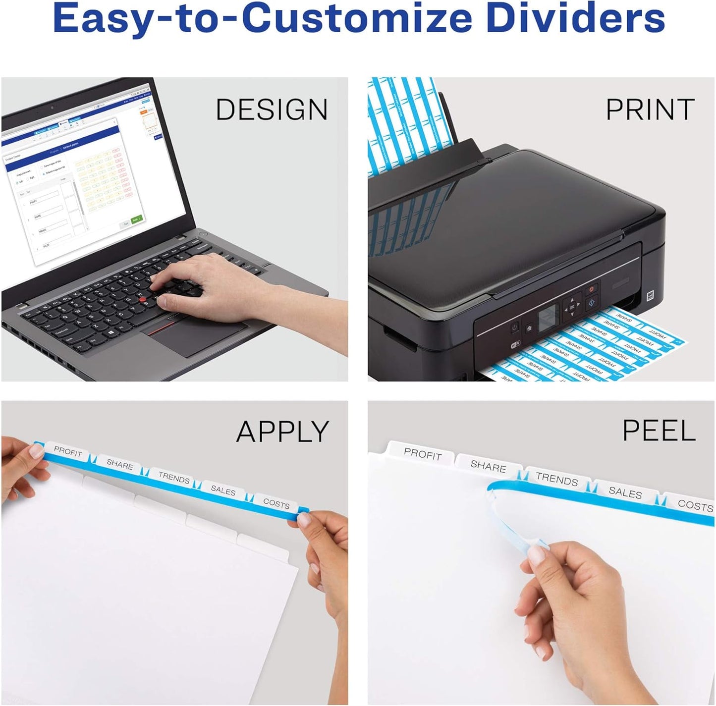 Avery 5 Tab Dividers for 3 Ring Binder, Easy Print & Apply Clear Label Strip, Index Maker Customizable White Tabs, 10-Pack of 5 Sets, 50 Sets Total (11436)
