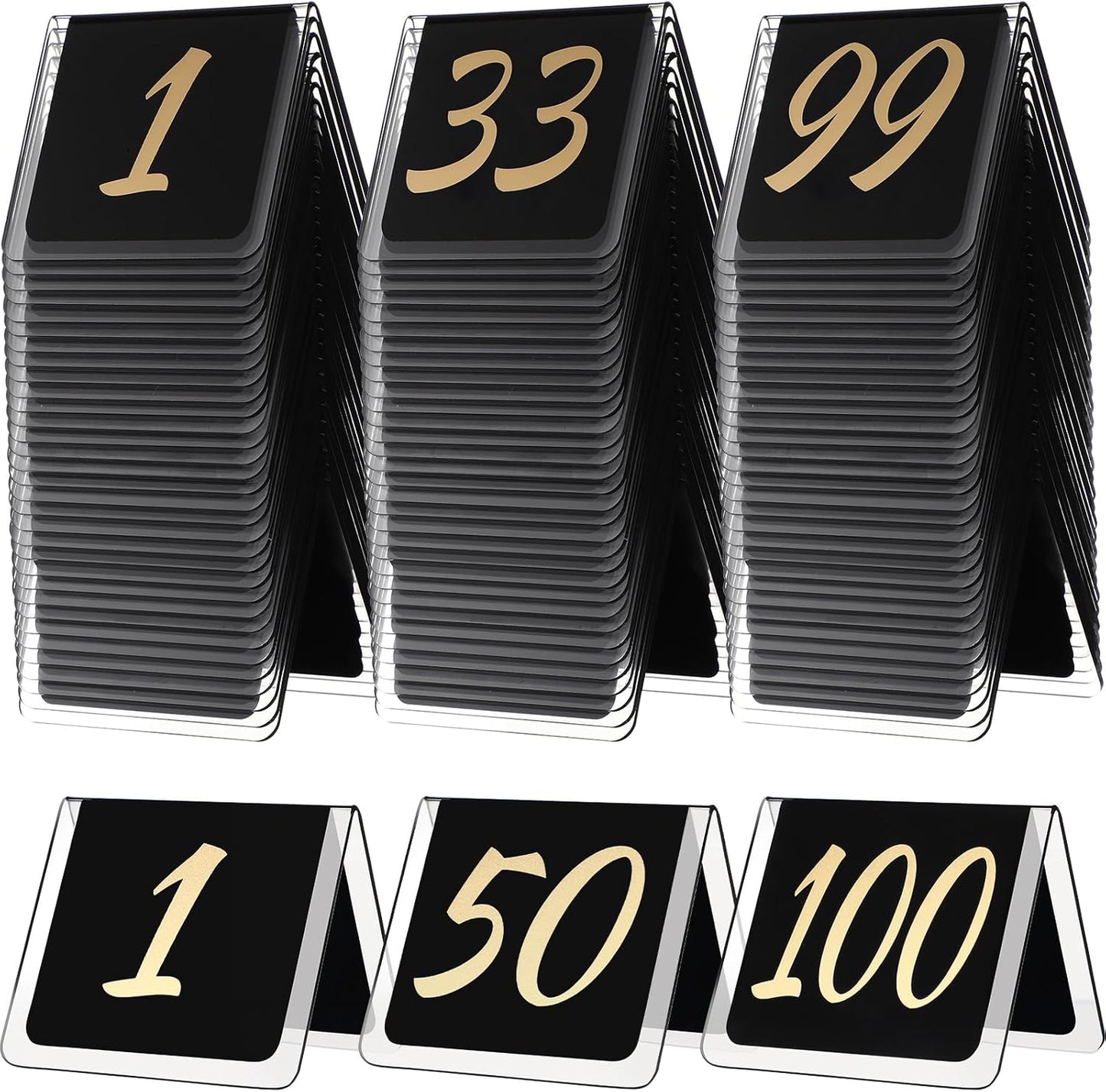 Suzile Table Numbers 1-100, 100-piece Double Sided Gold Acrylic Table Number Tents, 3.15" x 2.75" Number Signs for Receptions, Banquets, Restaurants, and Wedding(Black and Gold)