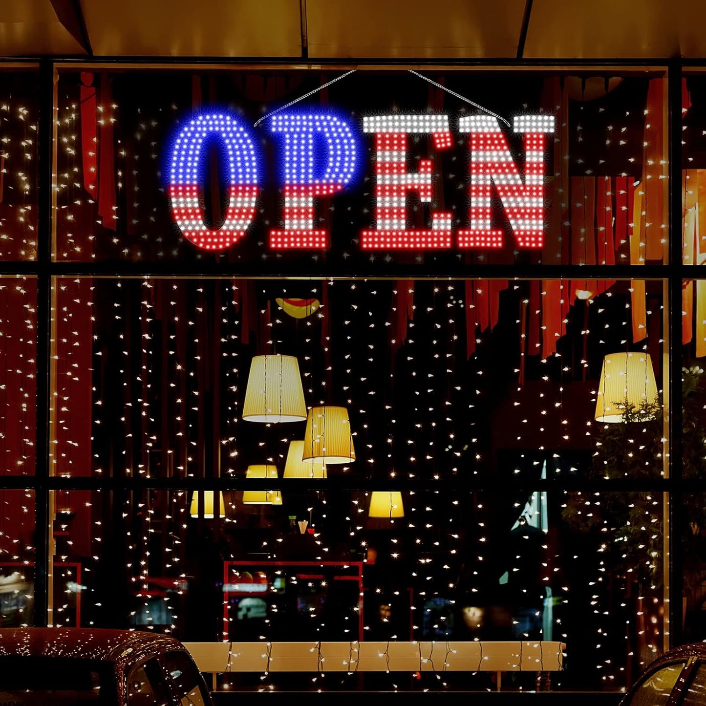USA Flag 40"x14" Extra Large LED Open Signs for Business, Unique Design Super Bright Open Sign with Chain, High Visibility Open Sign for Store Bar Hotel Retail Shop Window