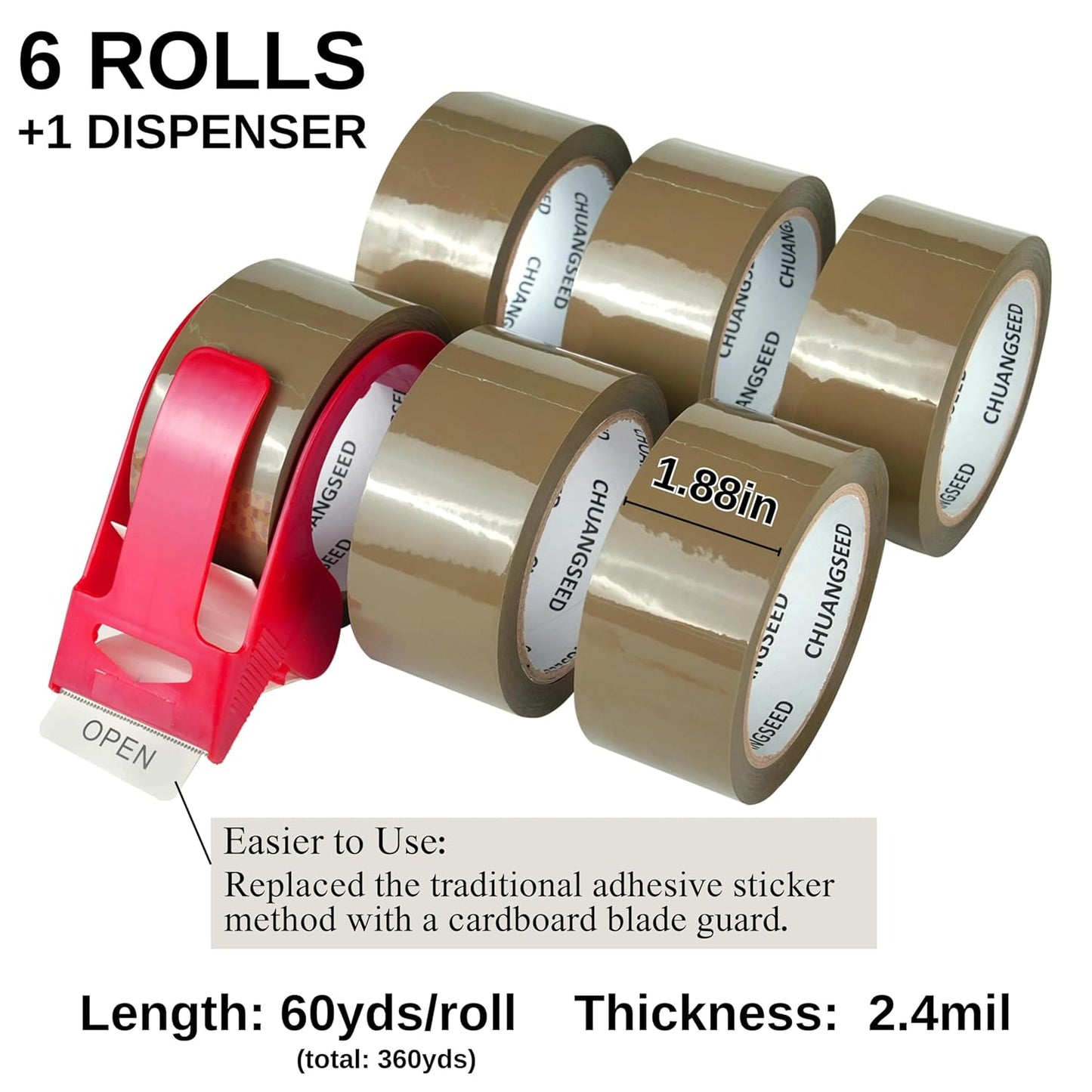 CHUANGSEED Packing Tape with Dispenser – 6 Rolls Brown Shipping Tape (2.4Mil x 1.88” x 60 Yards), Heavy Duty Box Sealing Tape for Moving, Packaging, Office, Warehouse