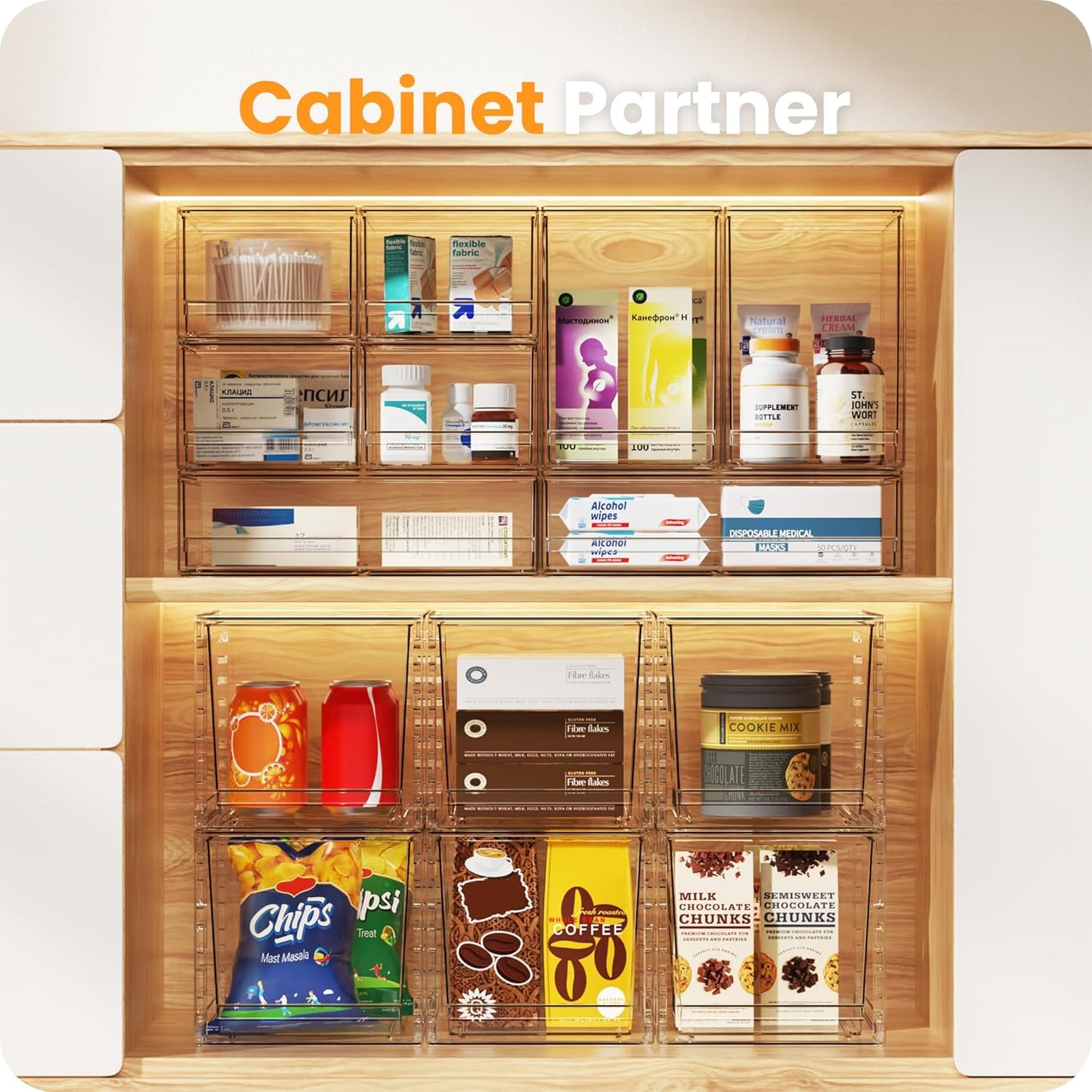 【𝟮𝗣𝗖𝗦】A-LUGEI Acrylic Stackable Storage Drawers, 7.5"L Makeup Organizer, Bathroom Organizer and Storage, Plastic Storage Bins for Kitchen Cabinet Pantry Medicine Fridge