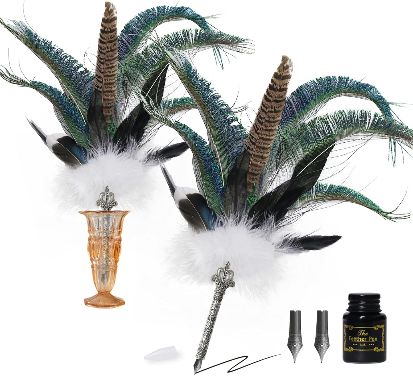 CROWN GUIDE Luxury Feather Pen with Black Ink Set - 13.8" Peacock Fancy Quill Fountain Pen for Writing Calligraphy, Wedding Nikkah Pen for Guest Book Journaling Gift, White
