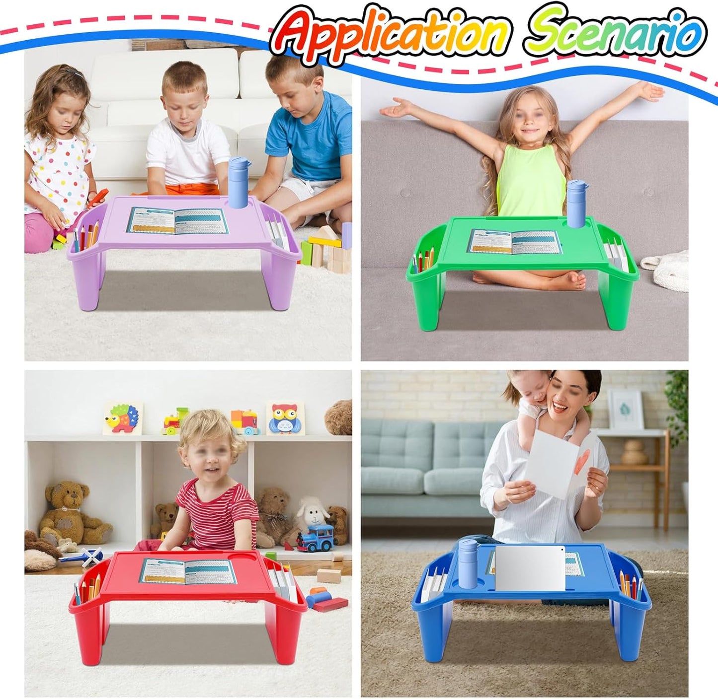 4 Pack Kids Lap Desk Tray with Storage Slots, Portable Lap Desk, Activity Tray, Plastic Breakfast Laptop Trays, Drawing, Stackable, Writing, Eating, Classroom, 21.65" L x 11.8" W x 8.46" H