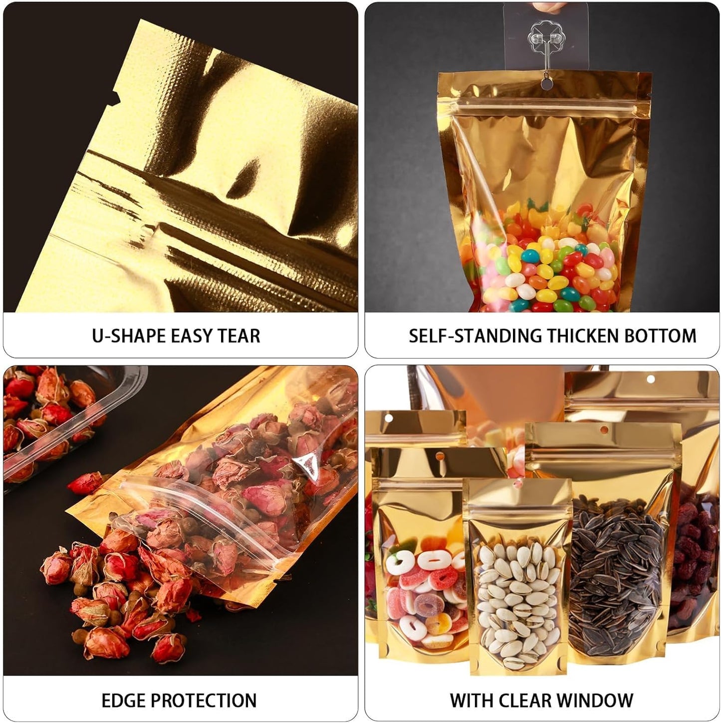 300 Pcs Mylar Bags for Food Storage 5x8 Mylar Bag with Window Stand Up Small Resealable Bags Smell Proof Bag Food Packaging for Small Business Freeze Dried Candy Jewelry Foil Packaging Gold