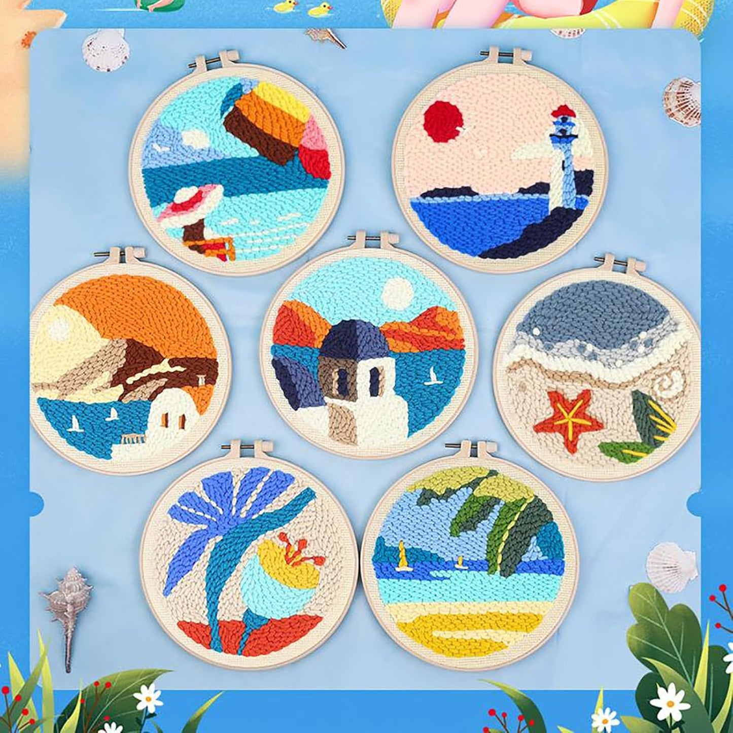 ILYUFO Punch Needle Kits Adults Beginner DIY Dreamy Beach Style 8 in Hoop Embroidery Set Starter Punch Needle Tool for Art Crafts, Ideal for All Ages, Perfect Festival Decoration & Gift (Flamingo)
