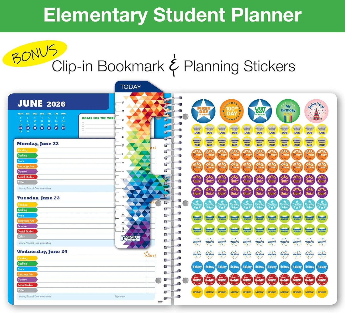 Global Datebooks 2025-2026 Elementary Student Planner 8.5x11 - Dated Weekly & Monthly Academic Planner (Large) with Ruler/Bookmark & Stickers, Ideal for Homework, Block Style, Space Happy Planets