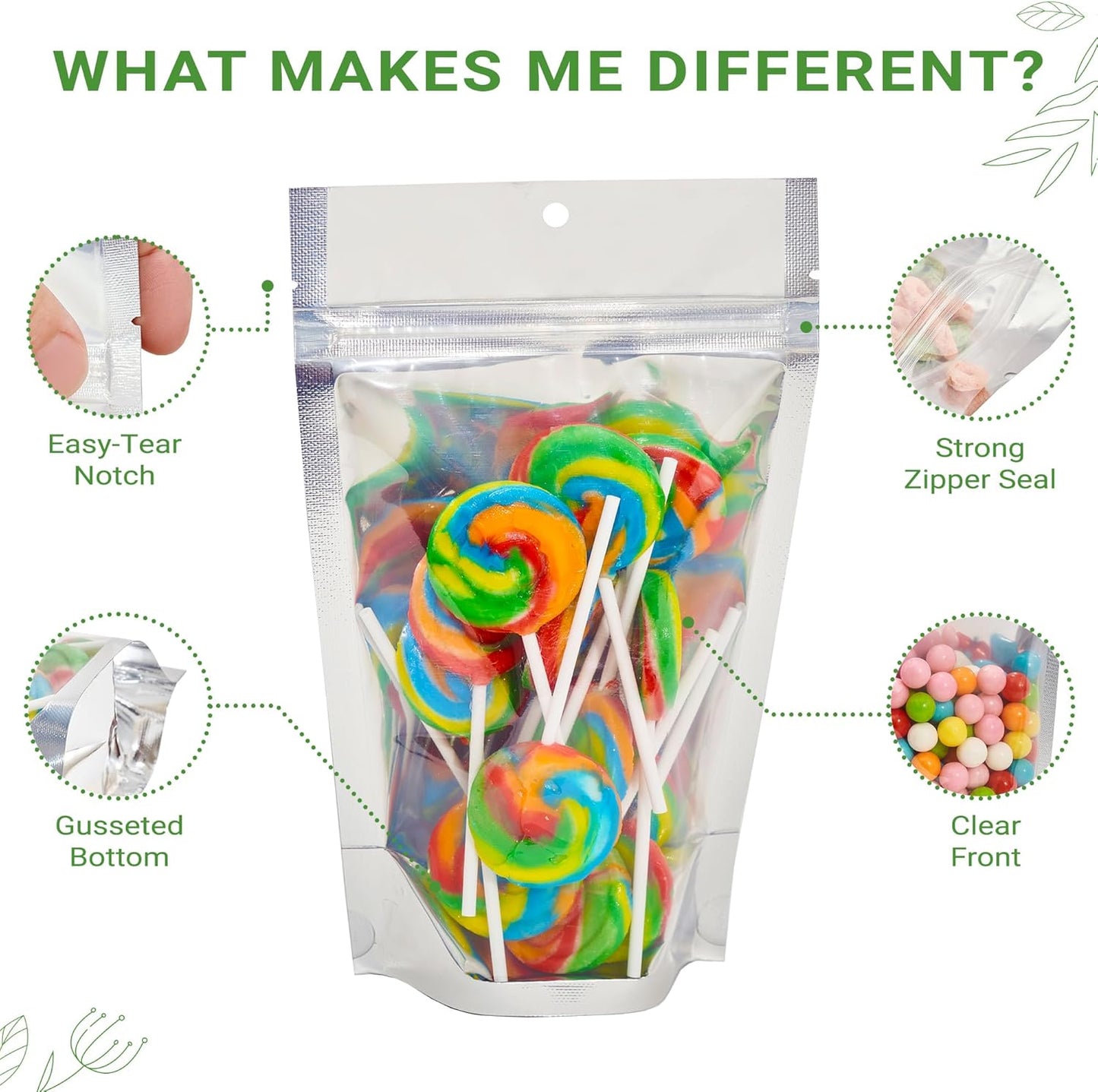 100 Pieces 5" x 8.5" Clear/Silver Resealable Stand Up Pouch Bags Mylar Food Packaging with Clear Window and Tear Notches