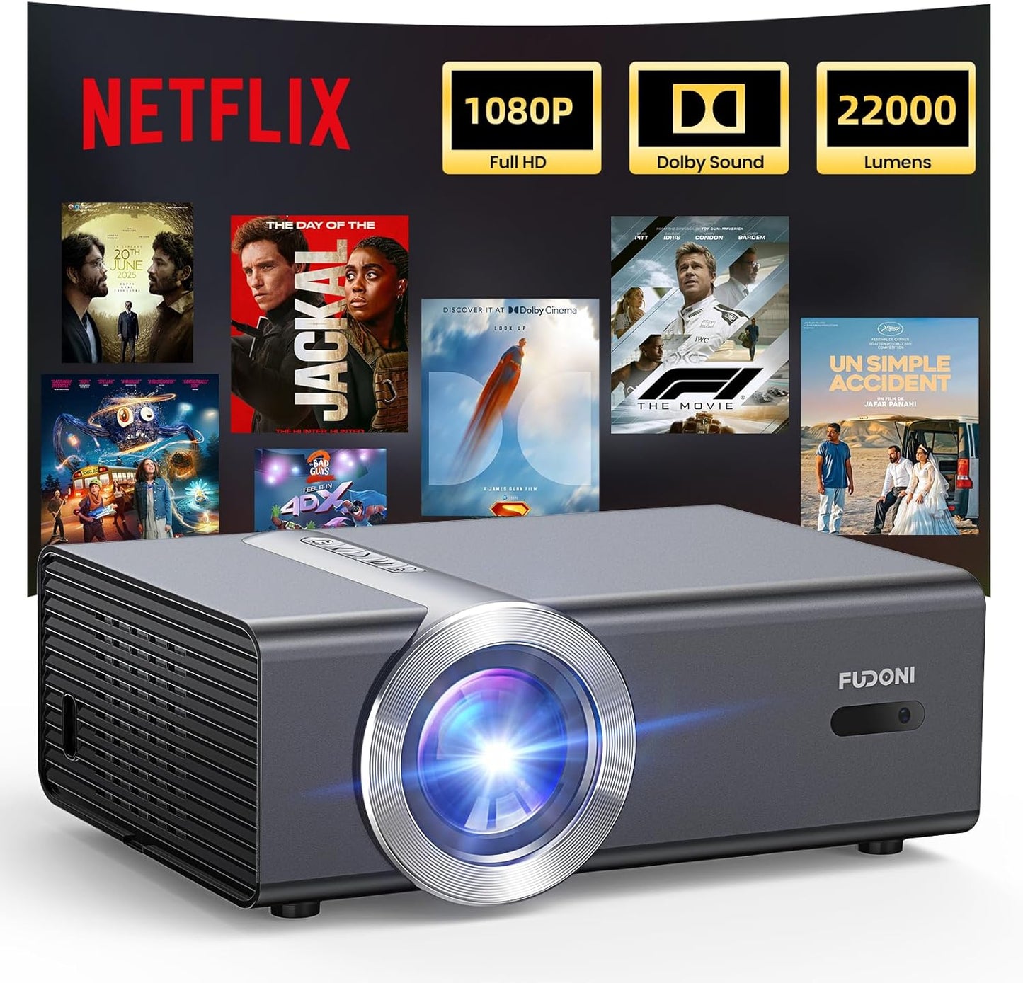 Netflix Licensed 4K Smart Projector, FUDONI Native 1080P Projector with WiFi 6 and Bluetooth, Built-in Apps, Auto Keystone & ELectric Focus, Compatible with Phone/Laptop/TV Stick, Indoor/Outdoor Use