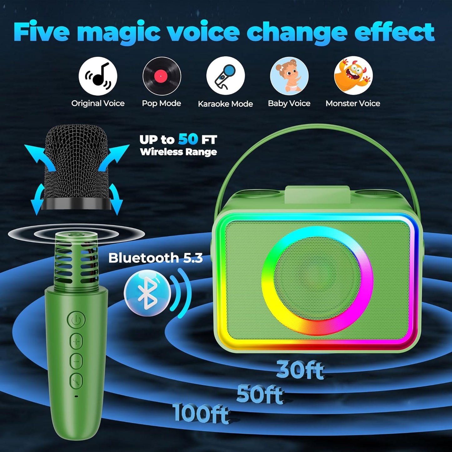 Karaoke Machine,Portable Bluetooth Speaker with 2 Wireless Microphone for Adults & Kids with LED Lights, Karaoke Microphone with PA System Supports USB/TF/AUX,Gift for Party (Green)