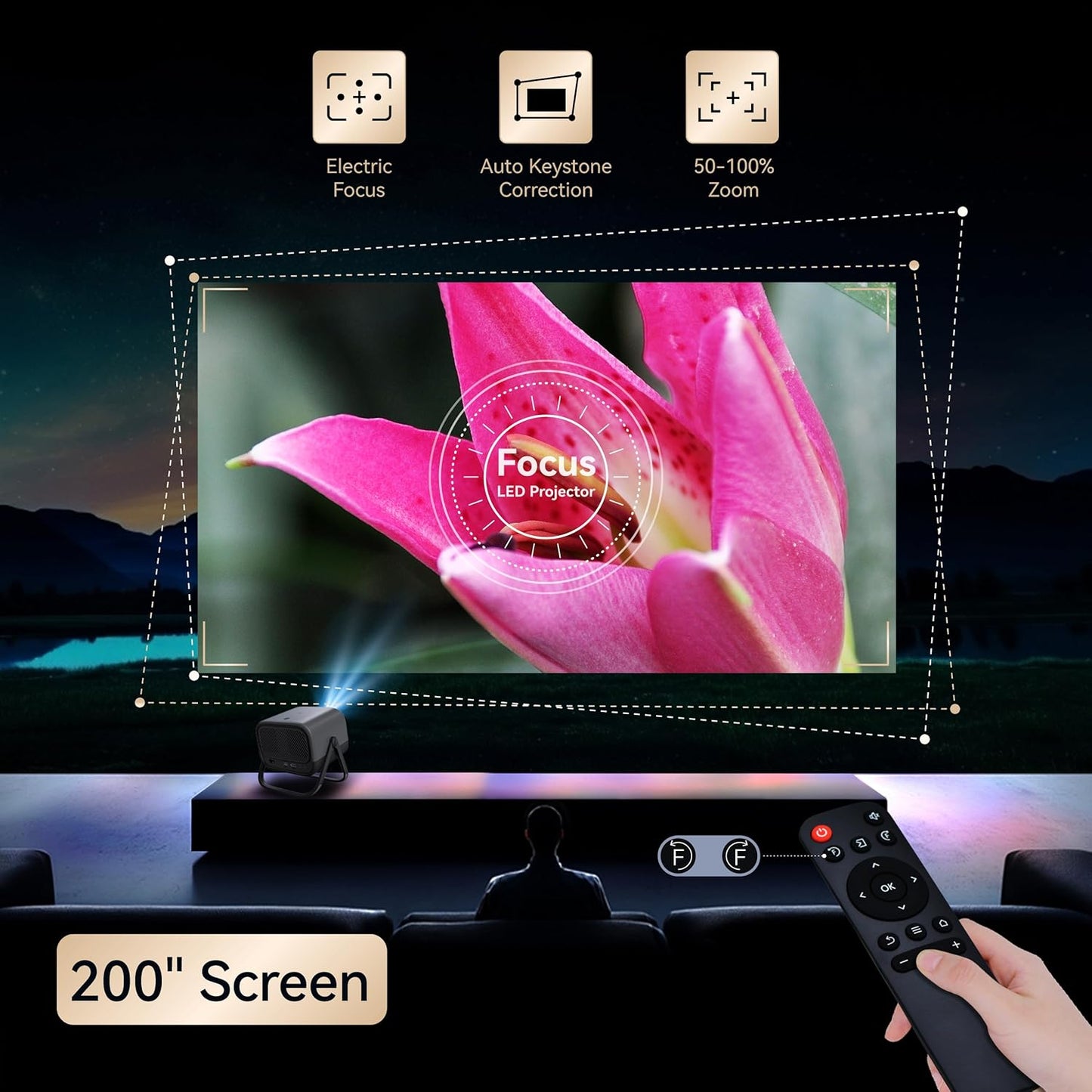 Electric Focus&360°Adjustable Stand-1080P Phone Projector with WiFi and Two-way Bluetooth,MEER 2025 Latest Upgraded Auto Keystone Ceiling Projector, Home Movie Proyector for iPhone/TV Stick/Laptop